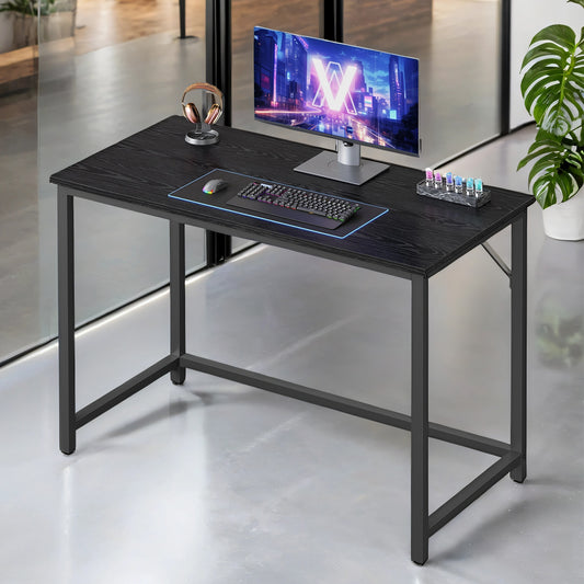 39.4" Computer Gaming Desk, Small Space Office Desk with Metal Frame, 110 lb Capacity, Industrial Style, Black with Wood Grain