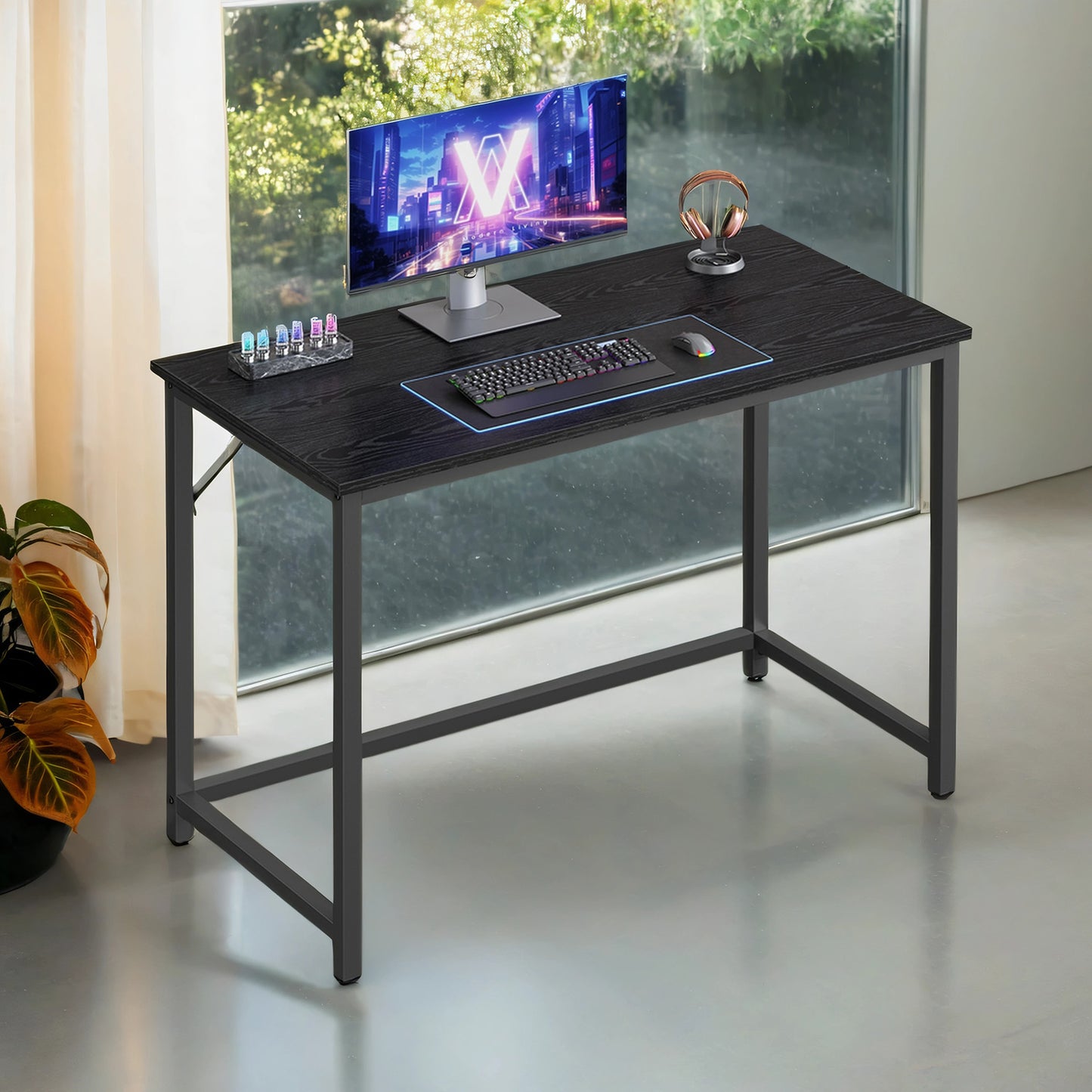 39.4" Computer Gaming Desk, Small Space Office Desk with Metal Frame, 110 lb Capacity, Industrial Style, Black with Wood Grain