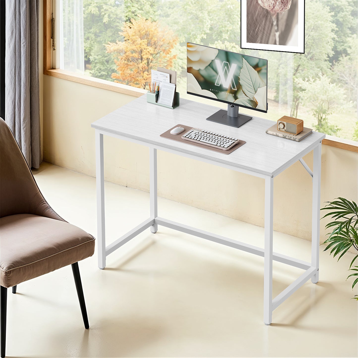 39.4" Computer Desk, Office Work Desk with Steel Frame, 110 lb Capacity, for Home Office & Study, Maple White and Cloud White