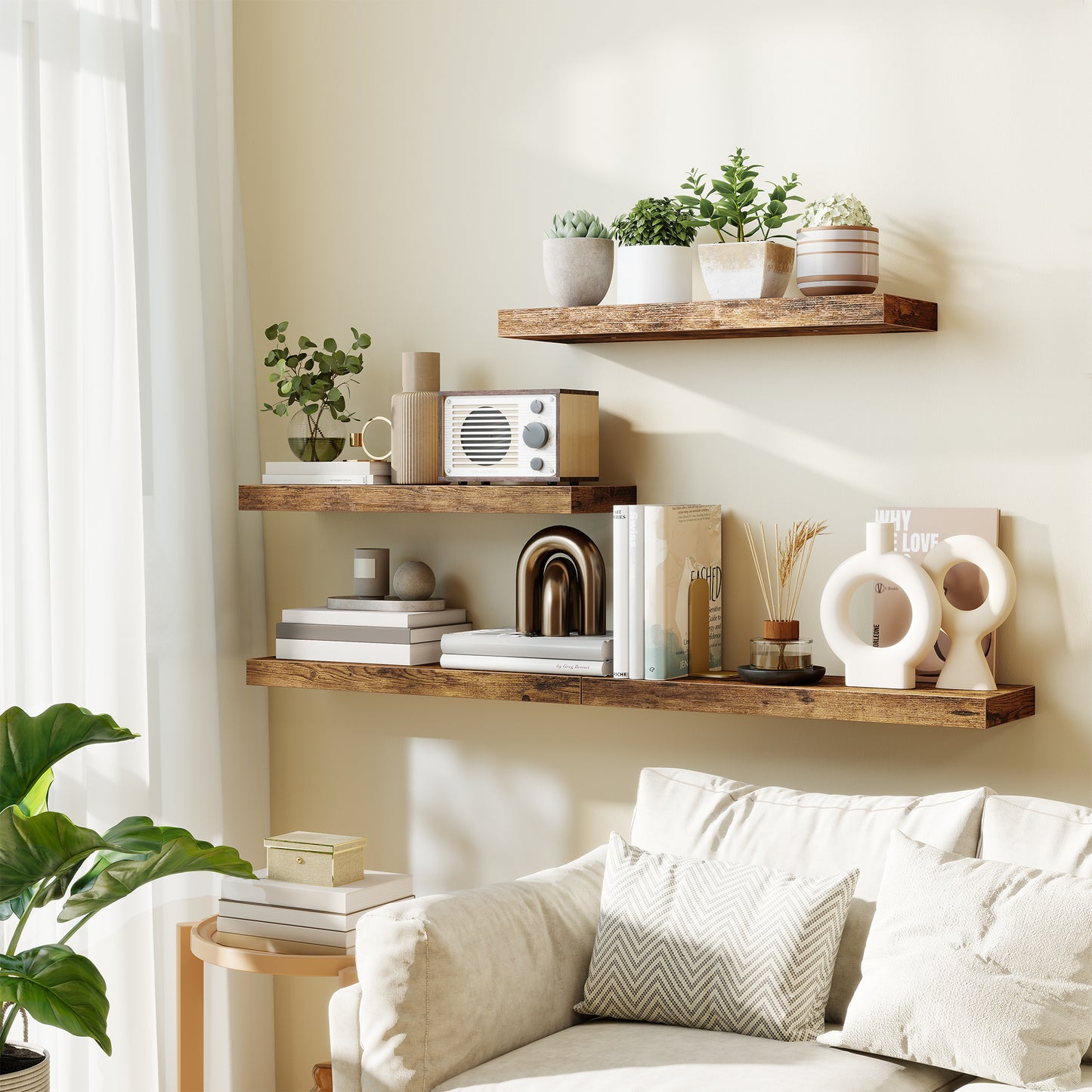 Set of 4 Floating Wall Shelves, 23.6 Inch Rustic Brown Display Shelves with Steel Brackets, Wall Mounted Picture Ledges