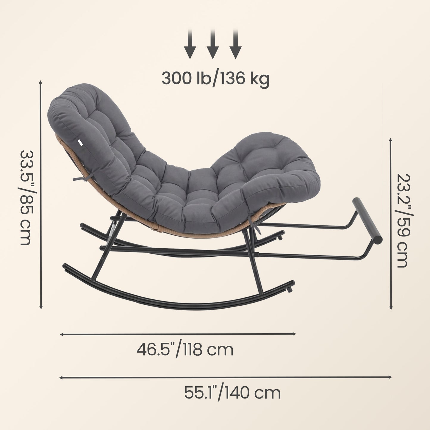 Outdoor Rocking Chair, Papasan Chair, Extendable Footrest, Removable Cushion, for Living Room, Patio, Gray
