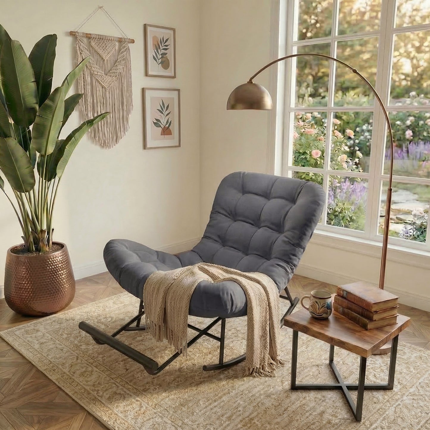Outdoor Rocking Chair, Papasan Chair, Extendable Footrest, Removable Cushion, for Living Room, Patio, Gray