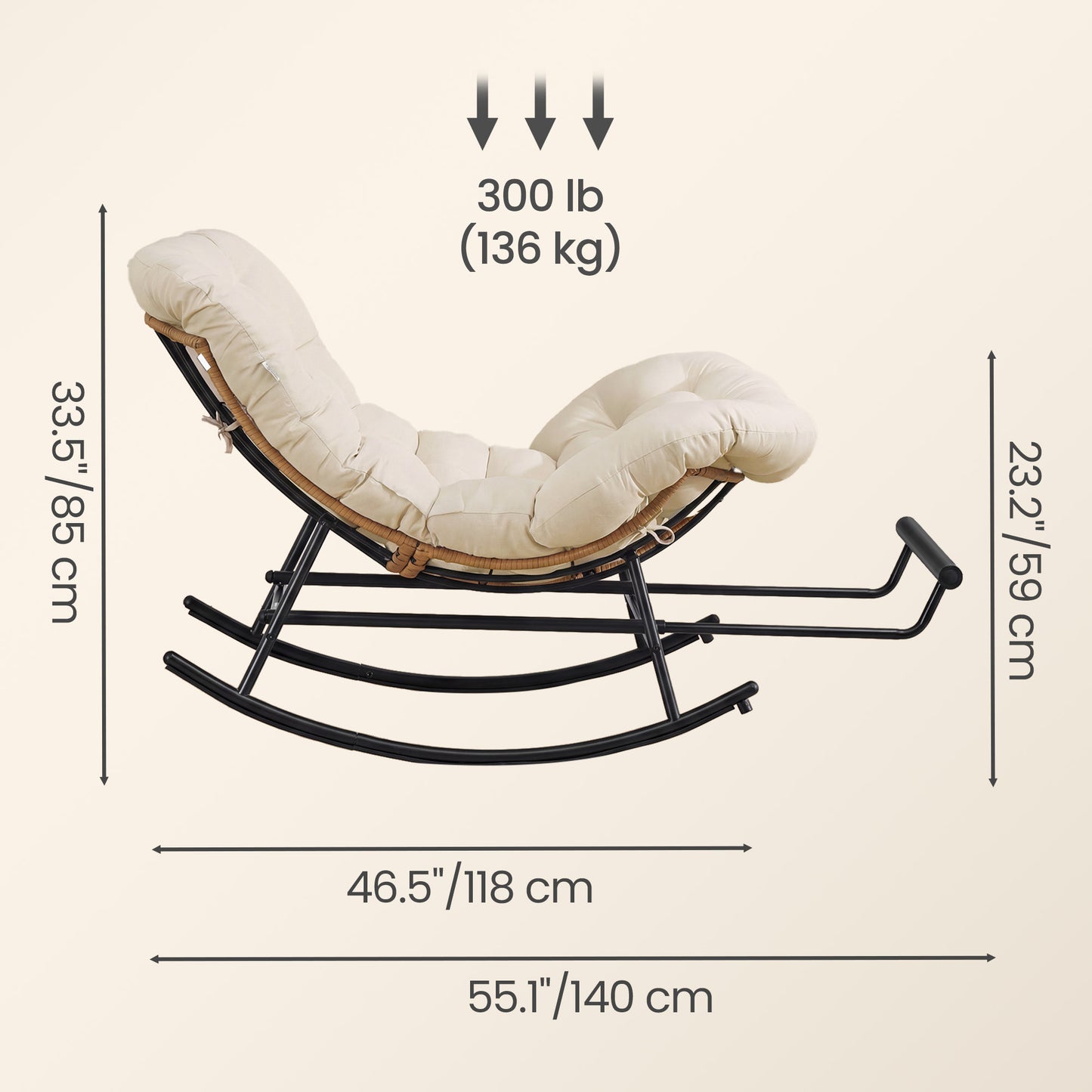Outdoor Rocking Chair, Papasan Chair, Extendable Footrest, Removable Cushion, for Living Room, Patio, Beige