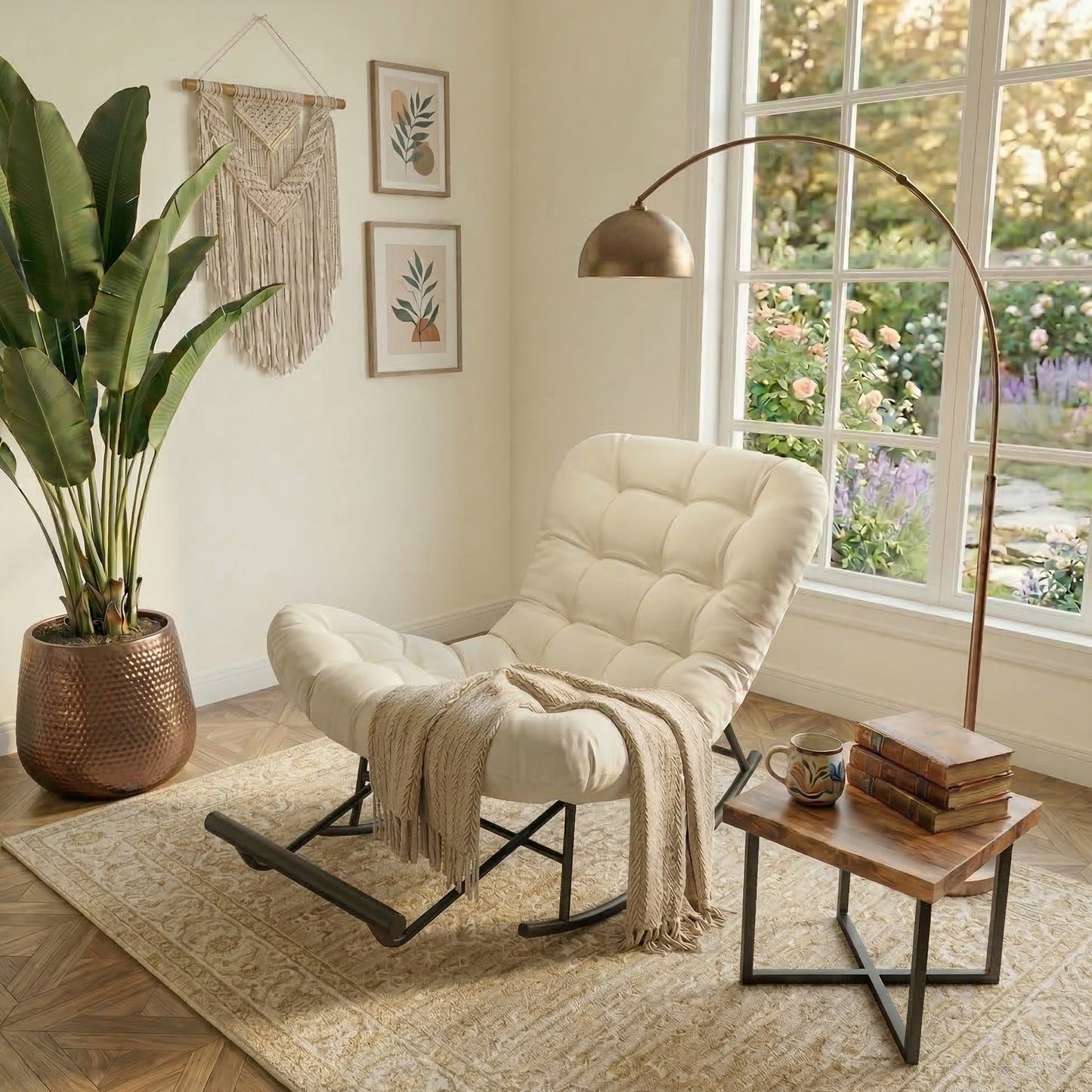 Outdoor Rocking Chair, Papasan Chair, Extendable Footrest, Removable Cushion, for Living Room, Patio, Beige