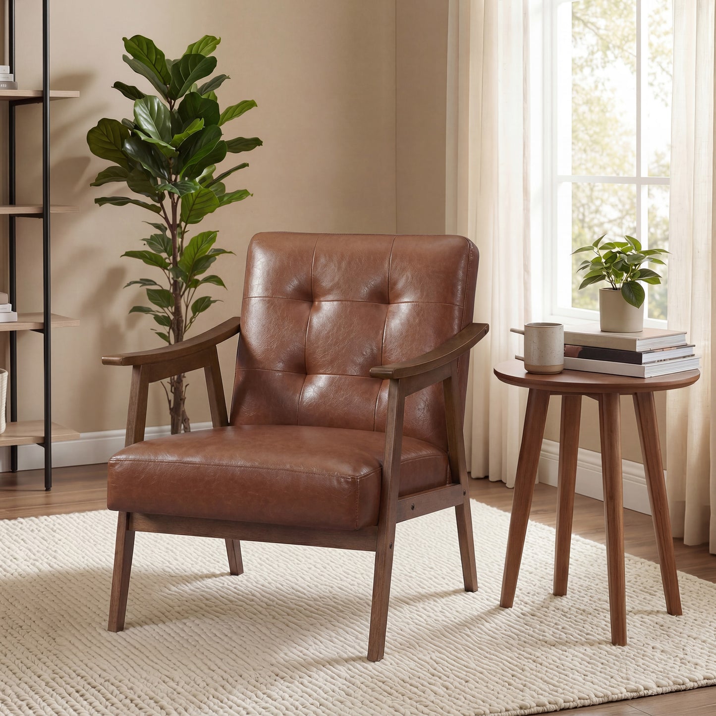 Lounge Chair with Thick Cushion, Mid Century Modern Accent Armchair, Button Tufted for Living Room, Bedroom, Brown