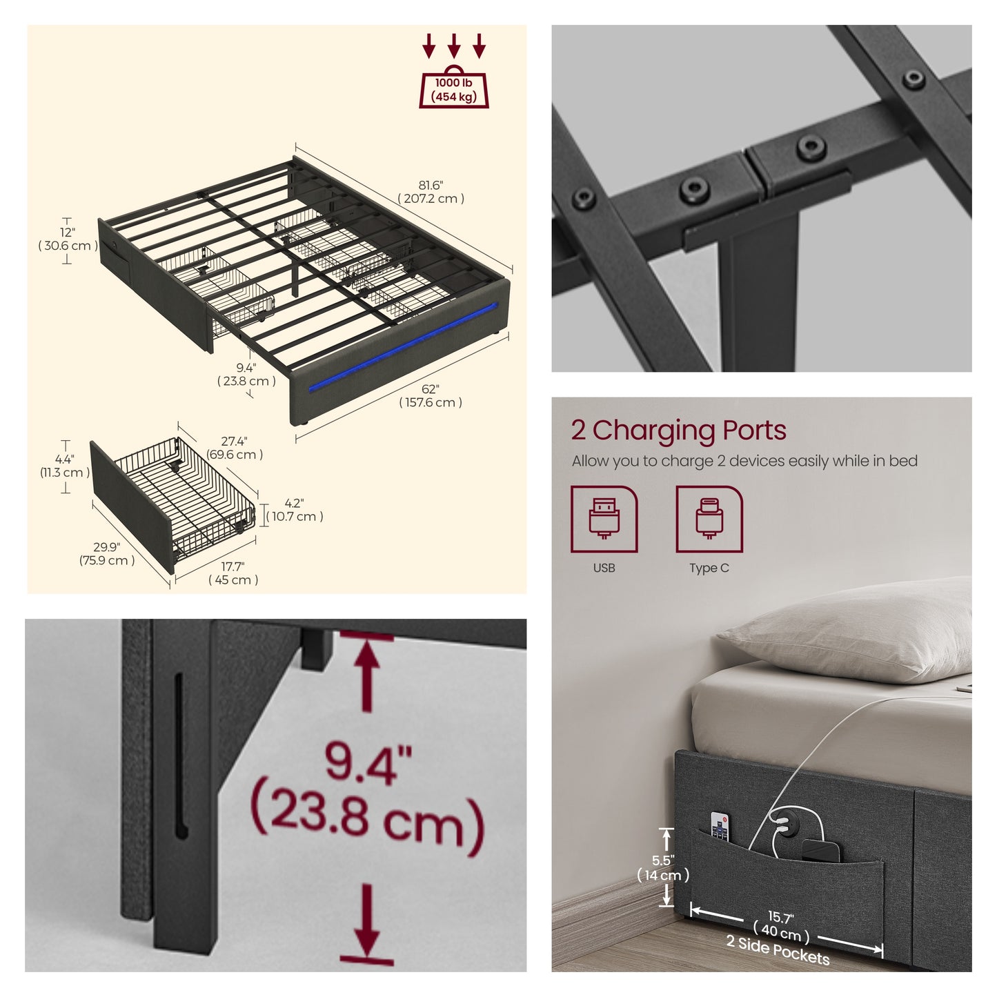 Queen Bed Frame with LED Lights & Charging Station, 4 Drawer Storage Bed with USB Type-C Ports, Steel Slats No Box Spring Needed, Dark Gray