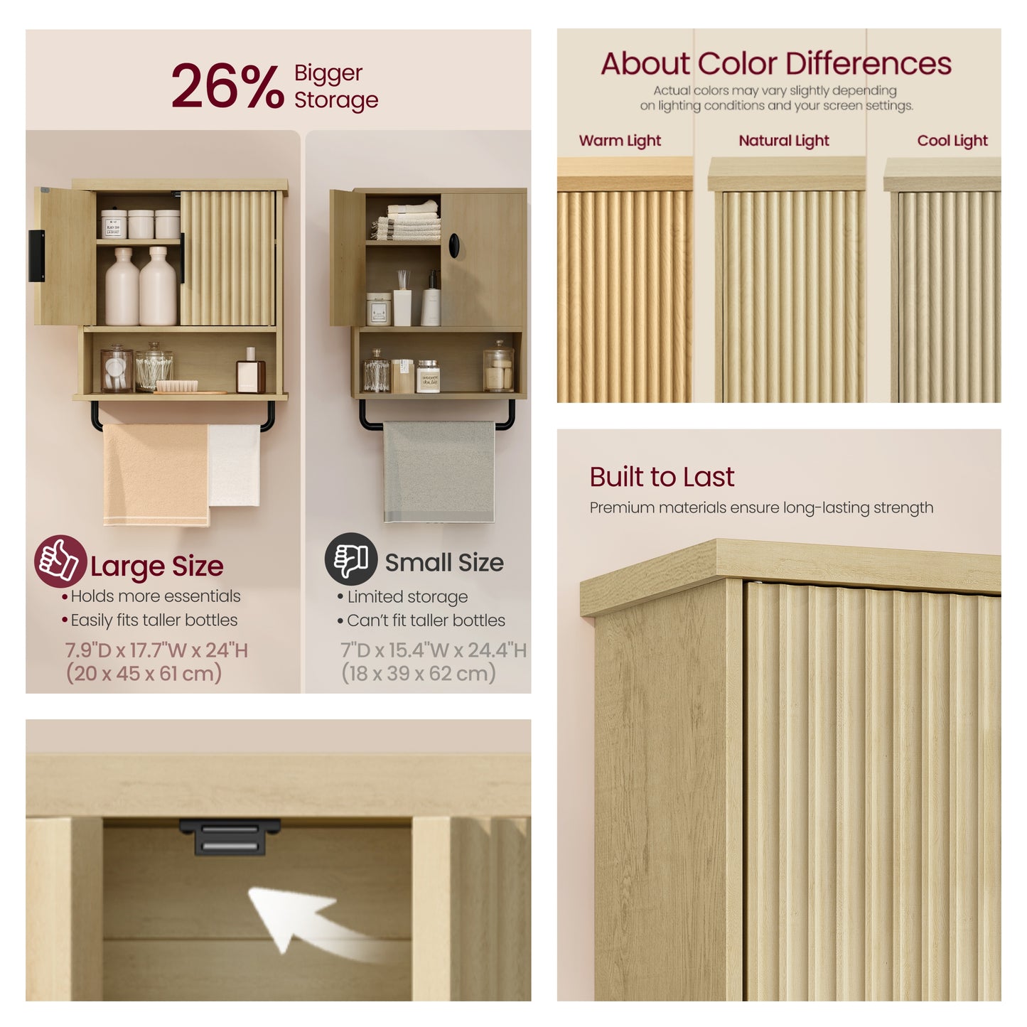 Wall-Mounted Over Toilet Cabinet with Adjustable Shelf, Fluted Doors Hanging Cabinet and Towel Bar, 17.7 x 24 Inches, Oak Beige