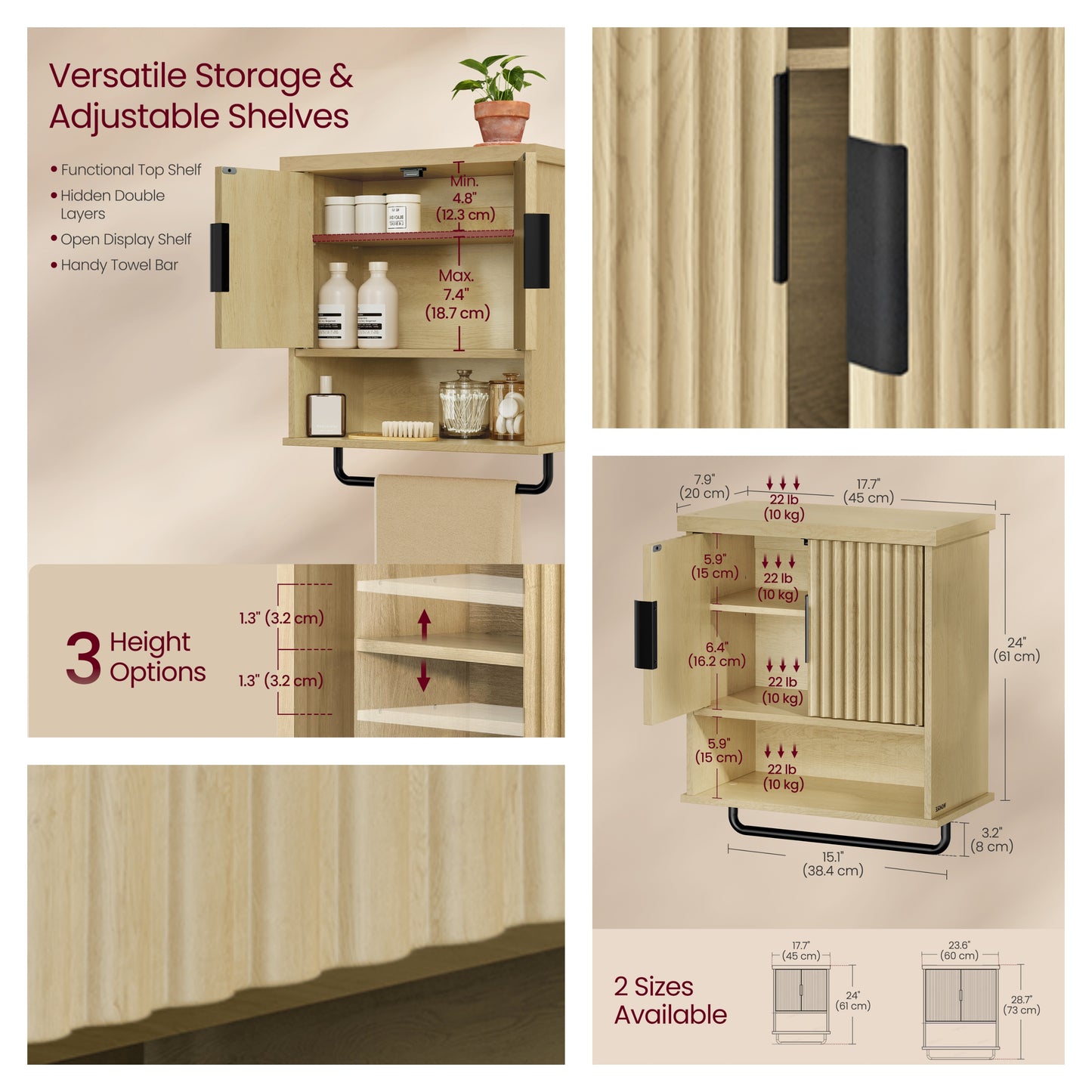 Wall-Mounted Over Toilet Cabinet with Adjustable Shelf, Fluted Doors Hanging Cabinet and Towel Bar, 17.7 x 24 Inches, Oak Beige