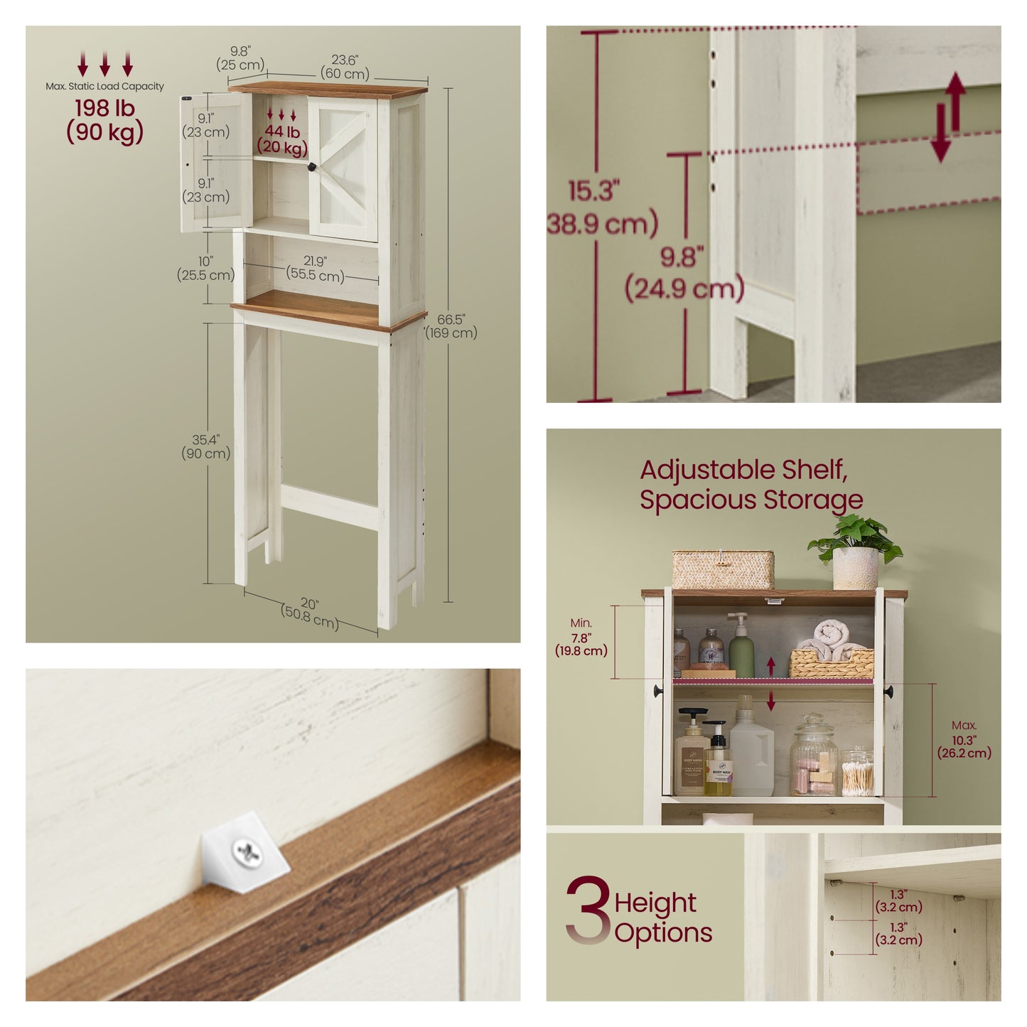 Over-The-Toilet Storage Cabinet with Barn Doors, Adjustable Shelf Farmhouse Bathroom Organizer, 23.6 Inch Wide, Rustic White