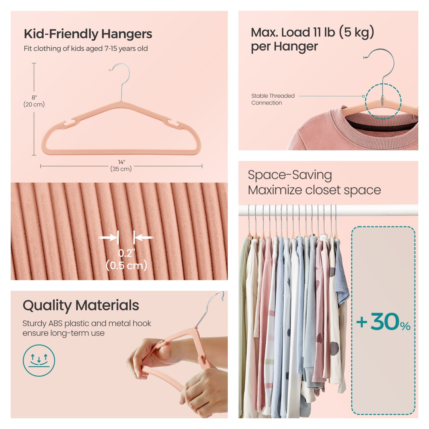 50 Pack Kids Velvet Hangers, 14 x 8 Inch Non-Slip Closet Hangers with Wide Shoulder Notches, Coral Pink