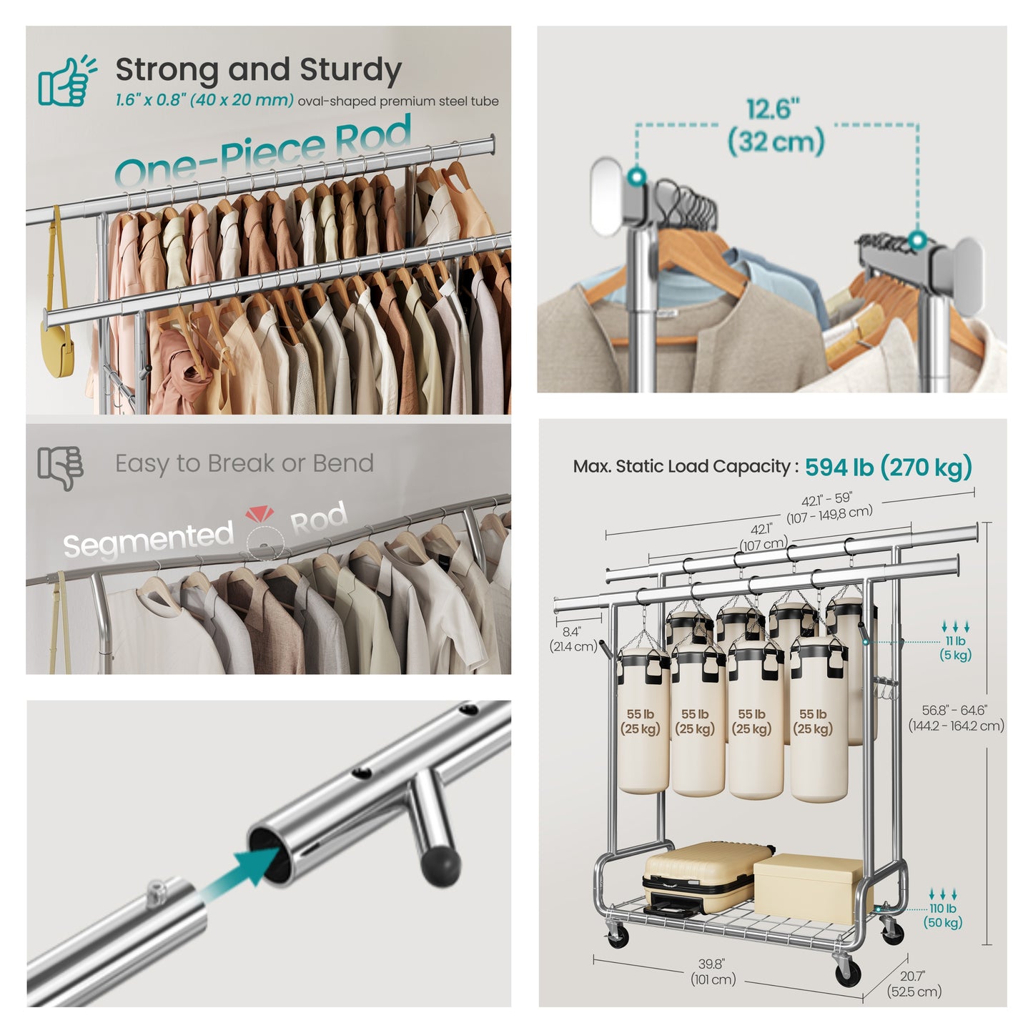Heavy-Duty Garment Rack with 2 Extendable Hanging Rods and Wheels, Clothes Rack for Hanging with 594 lb Capacity, 42.1-59 Inches Wide