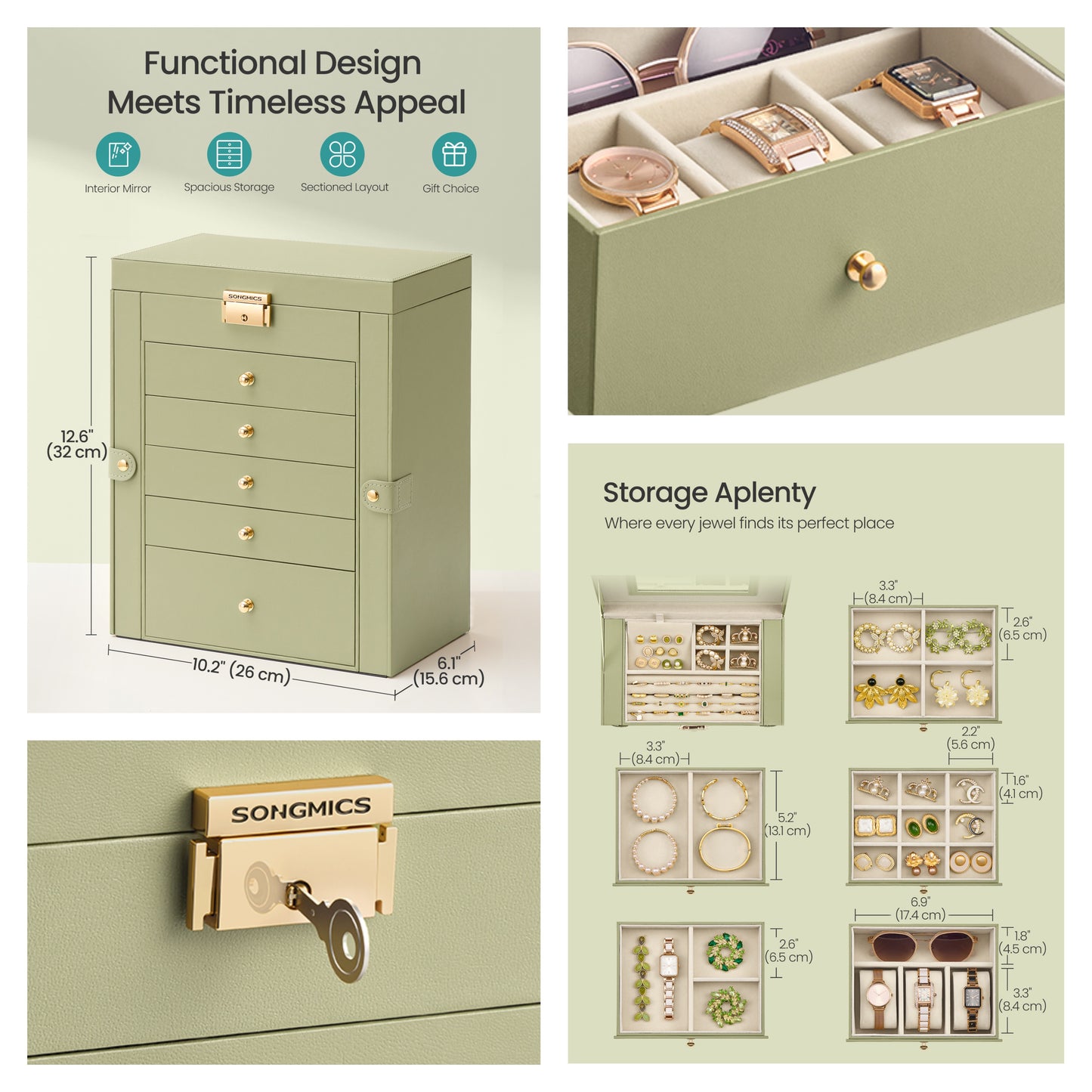 6-Layer Jewelry Box with Lock and Mirror, 5-Drawer Jewelry Storage Organizer for Necklaces and Watches, Sage Green