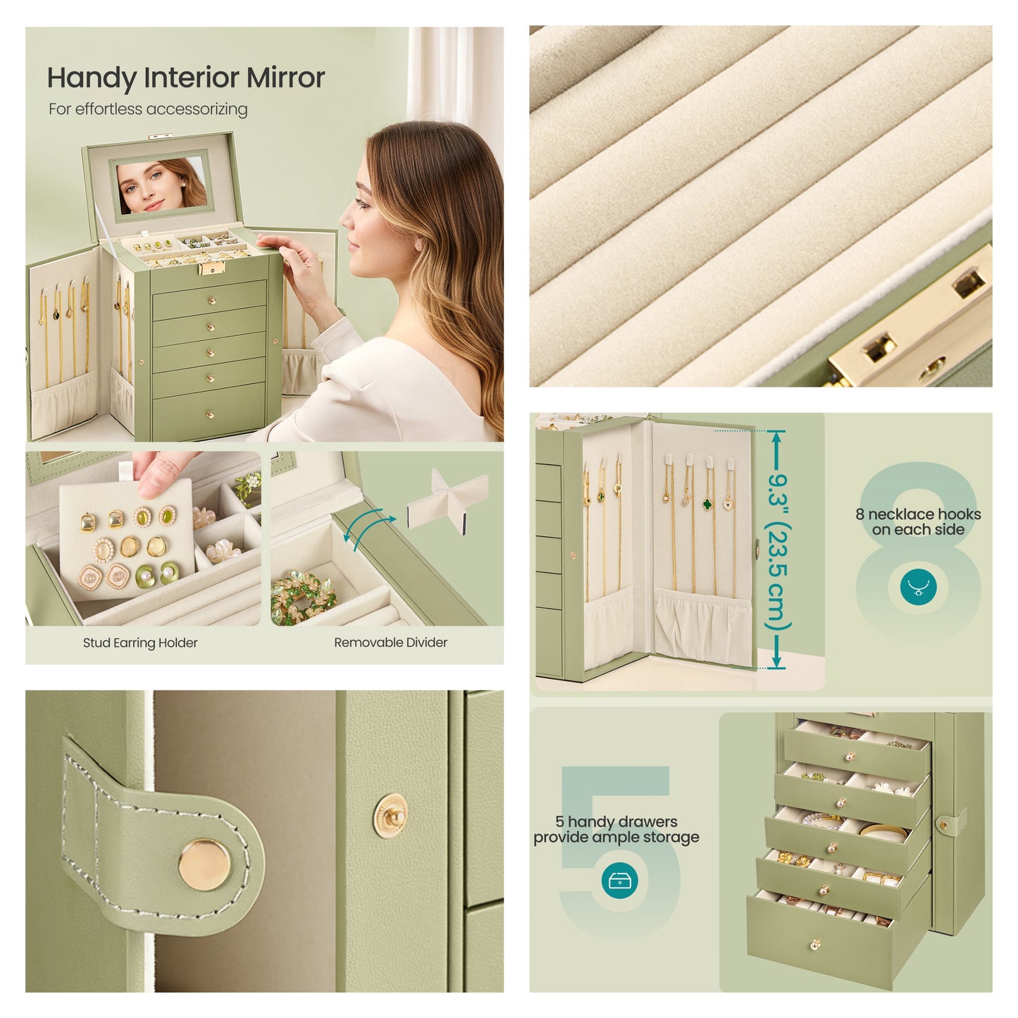 6-Layer Jewelry Box with Lock and Mirror, 5-Drawer Jewelry Storage Organizer for Necklaces and Watches, Sage Green