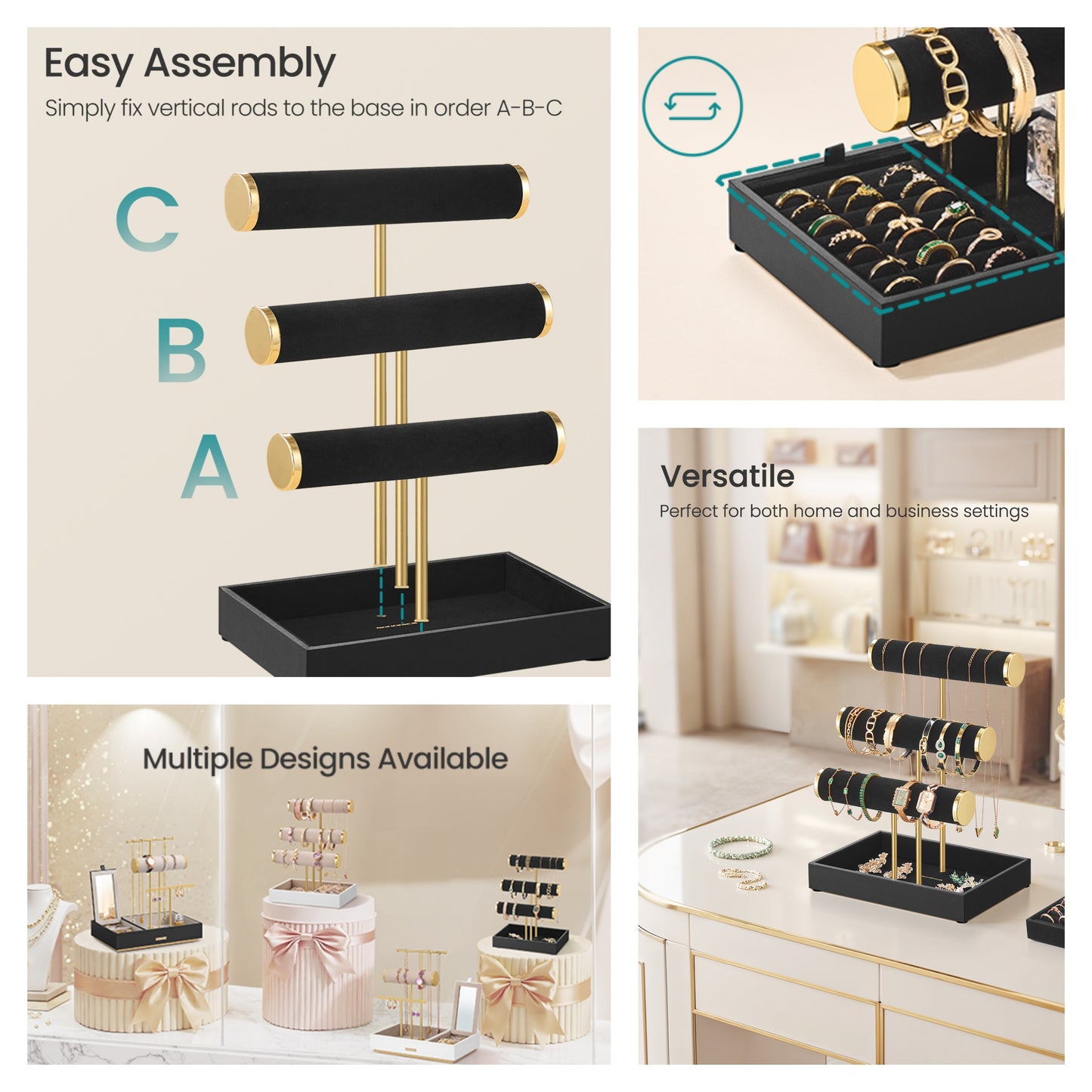 3-Tier Bracelet Holder Stand with Velvet Tray and Removable Ring Holder, Jewelry Display Organizer, Ink Black