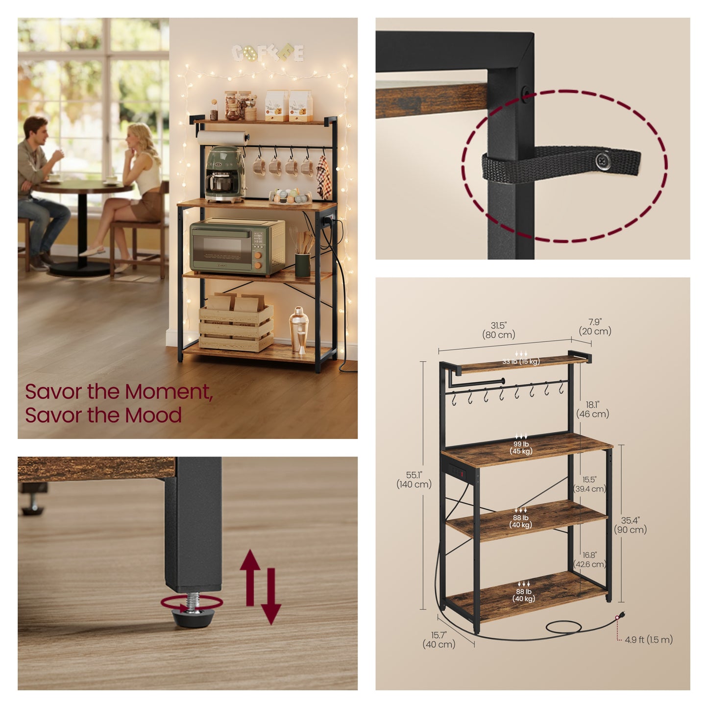 4-Tier Kitchen Bakers Rack with Power Outlet, 31.5-Inch Wide Coffee Bar and Microwave Stand with Adjustable Shelf, Rustic Brown and Ink Black