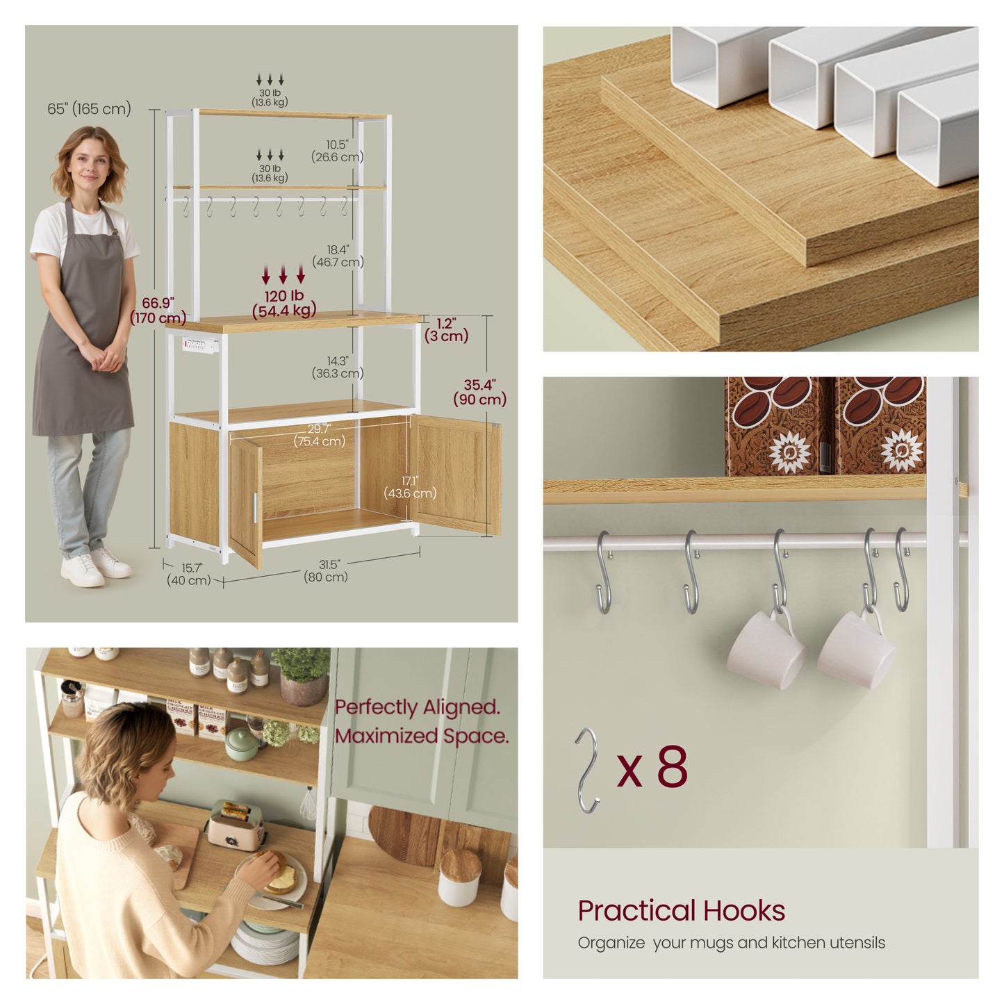 Kitchen Bakers Rack with Power Outlet, Coffee Bar with 35.4-Inch High Worktop and Microwave Stand, Golden Oak and Cloud White