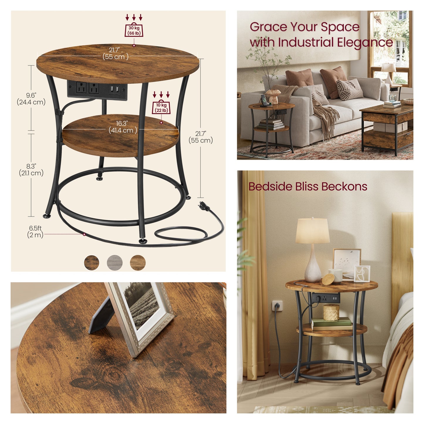 21.7-Inch Round Side Table with Power Outlets, 2-Tier End Table with Steel Frame, Nightstand for Living Room, Bedroom, Rustic Brown and Ink Black