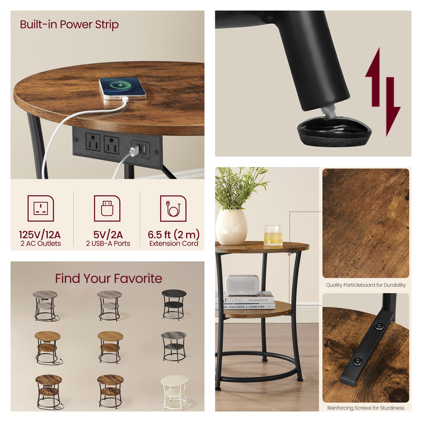 21.7-Inch Round Side Table with Power Outlets, 2-Tier End Table with Steel Frame, Nightstand for Living Room, Bedroom, Rustic Brown and Ink Black