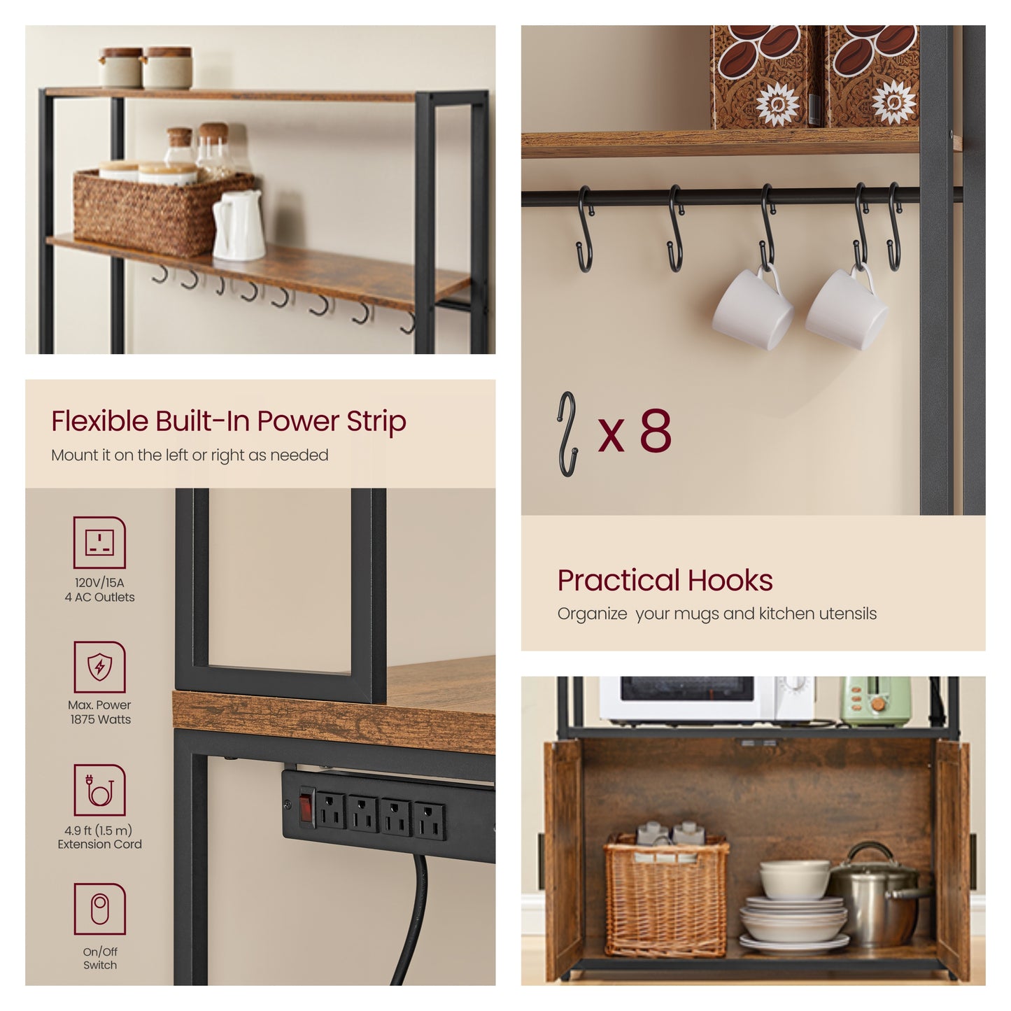 Kitchen Bakers Rack with Power Outlet, Coffee Bar with 35.4-Inch High Worktop and Microwave Stand, Rustic Brown and Ink Black