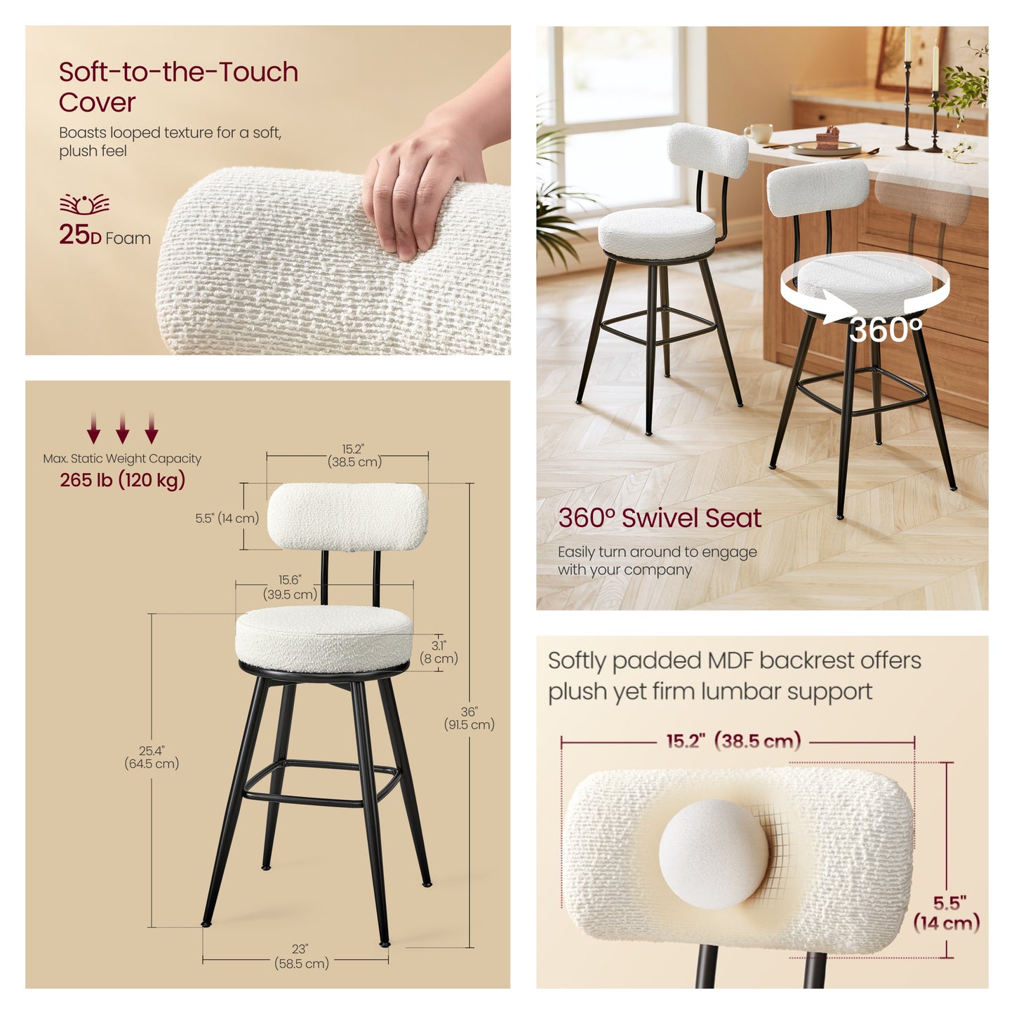 Set of 2 Swivel Bar Stools with Back, Counter Height Boucle Fabric Stools, 25.4-Inch Tall Modern Kitchen Stools, Cloud White