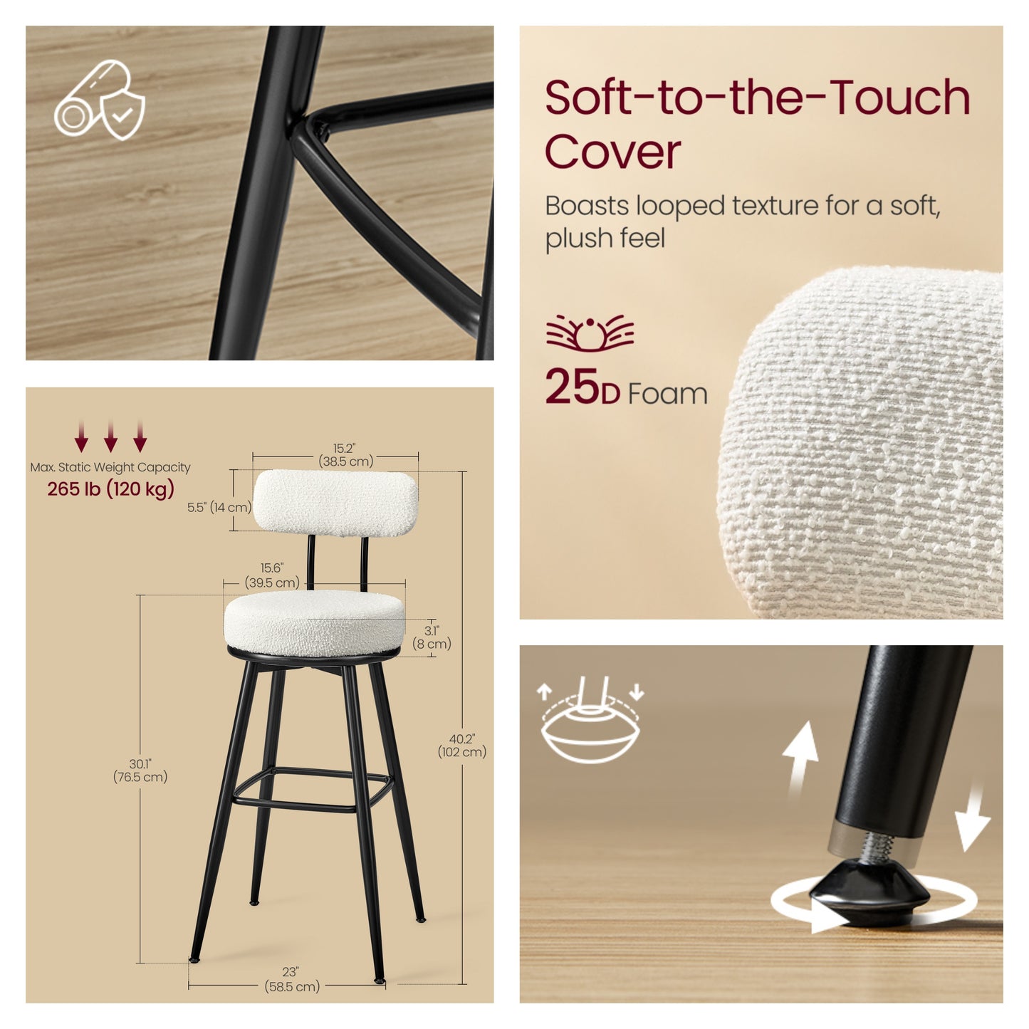 Set of 2 Swivel Bar Stools with Back, Bar Height Boucle Fabric Stools, 30.1-Inch Tall Modern Kitchen Stools, Cloud White