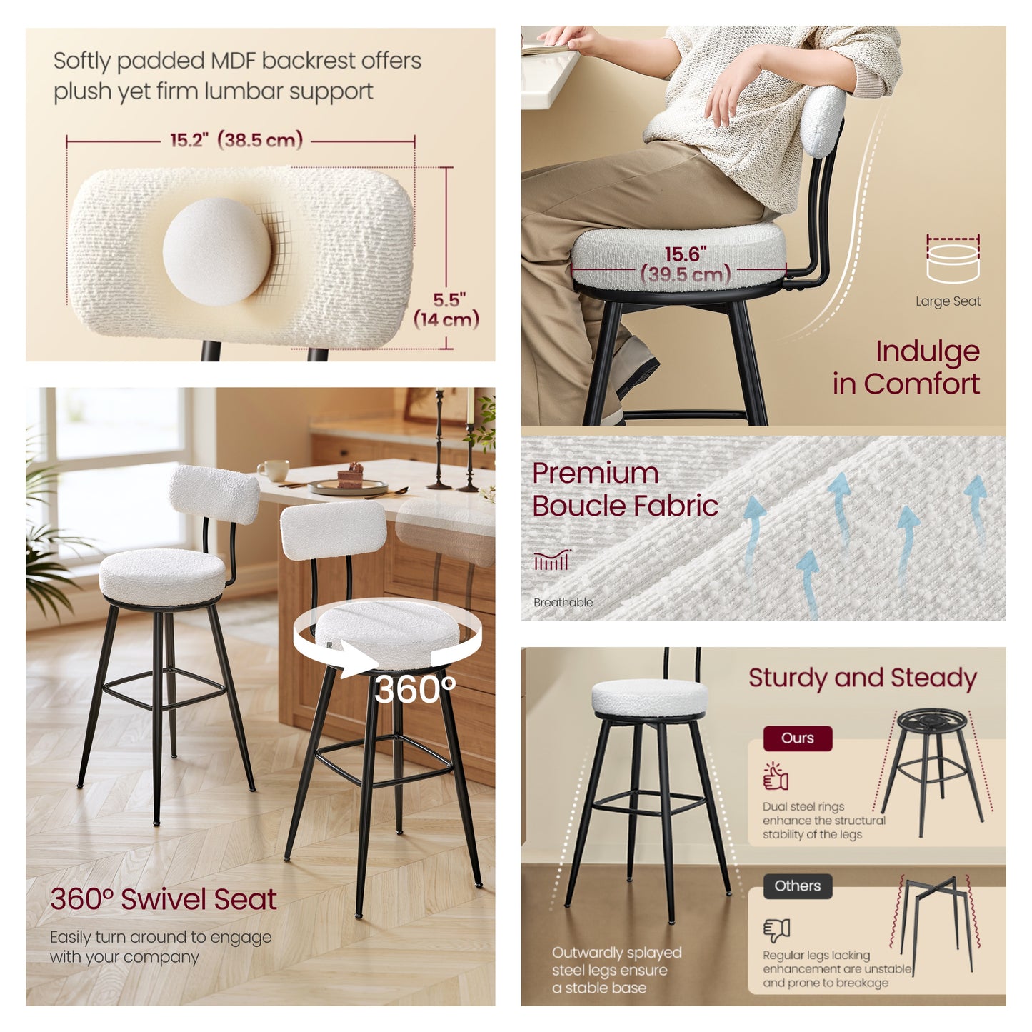 Set of 2 Swivel Bar Stools with Back, Bar Height Boucle Fabric Stools, 30.1-Inch Tall Modern Kitchen Stools, Cloud White