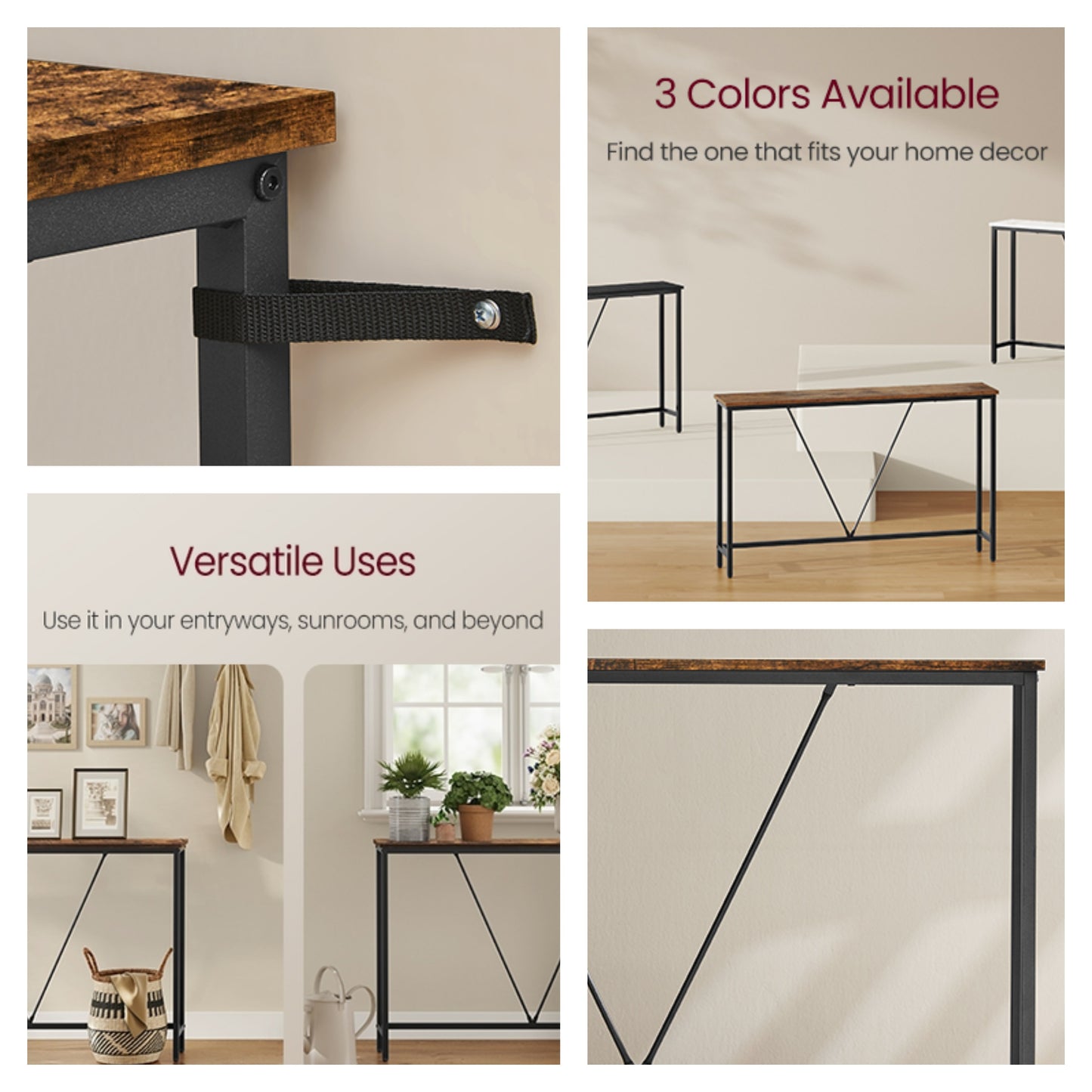Narrow Console Sofa Table, 47.2-Inch Entryway Table with Steel Frame for Living Room and Bedroom, Rustic Brown and Ink Black