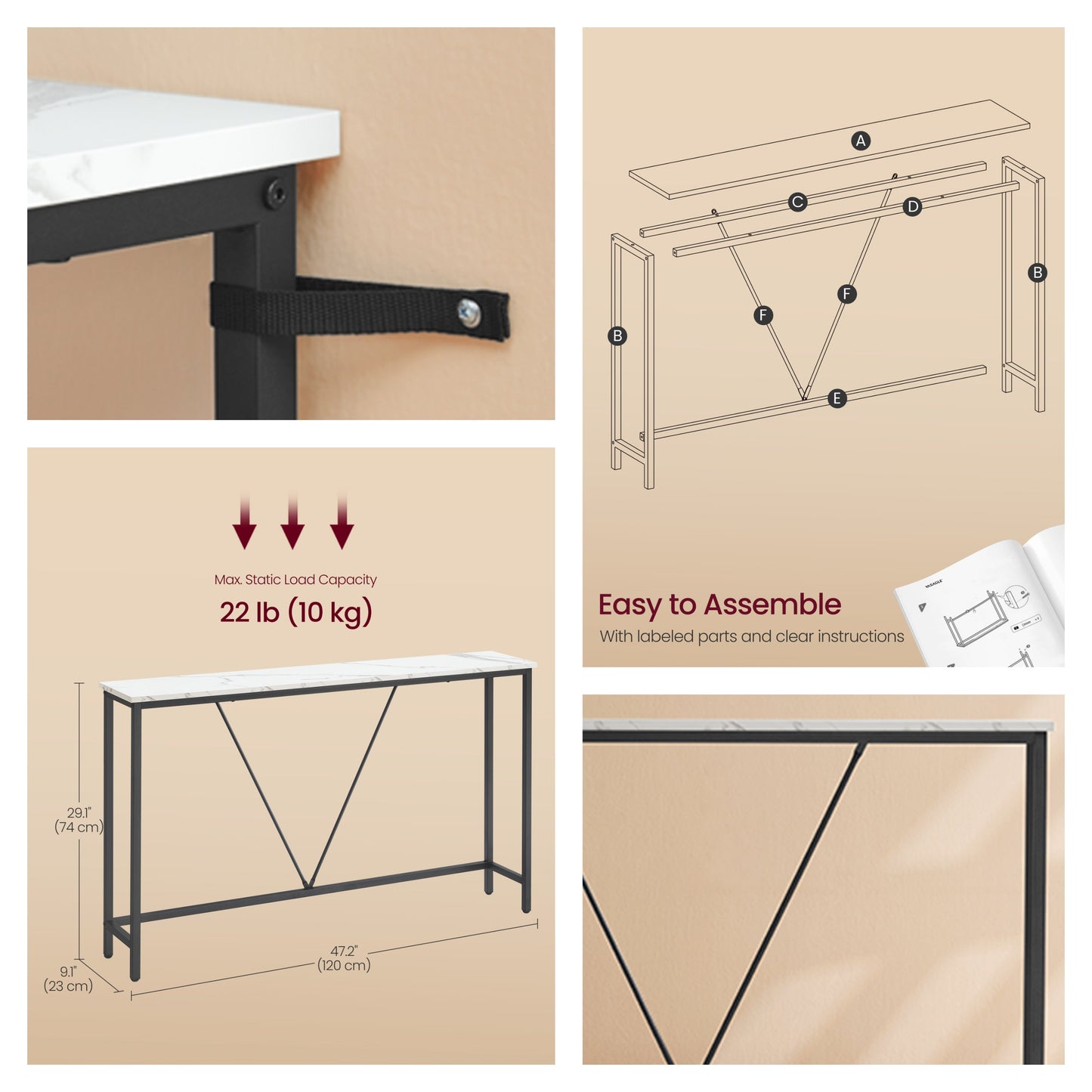 Narrow Console Sofa Table, 47.2-Inch Entryway Table with Steel Frame for Living Room and Bedroom, Marble White and Ink Black
