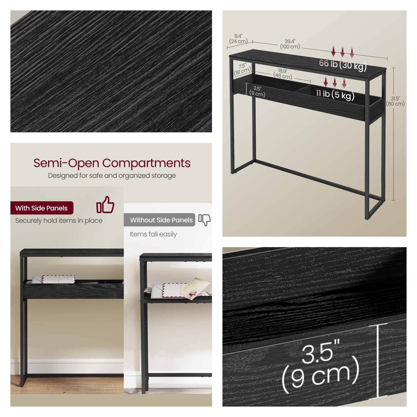 2-Tier Narrow Console Table, Semi-Open Compartment Entryway Table for Hallway and Living Room, Ebony Black and Ink Black
