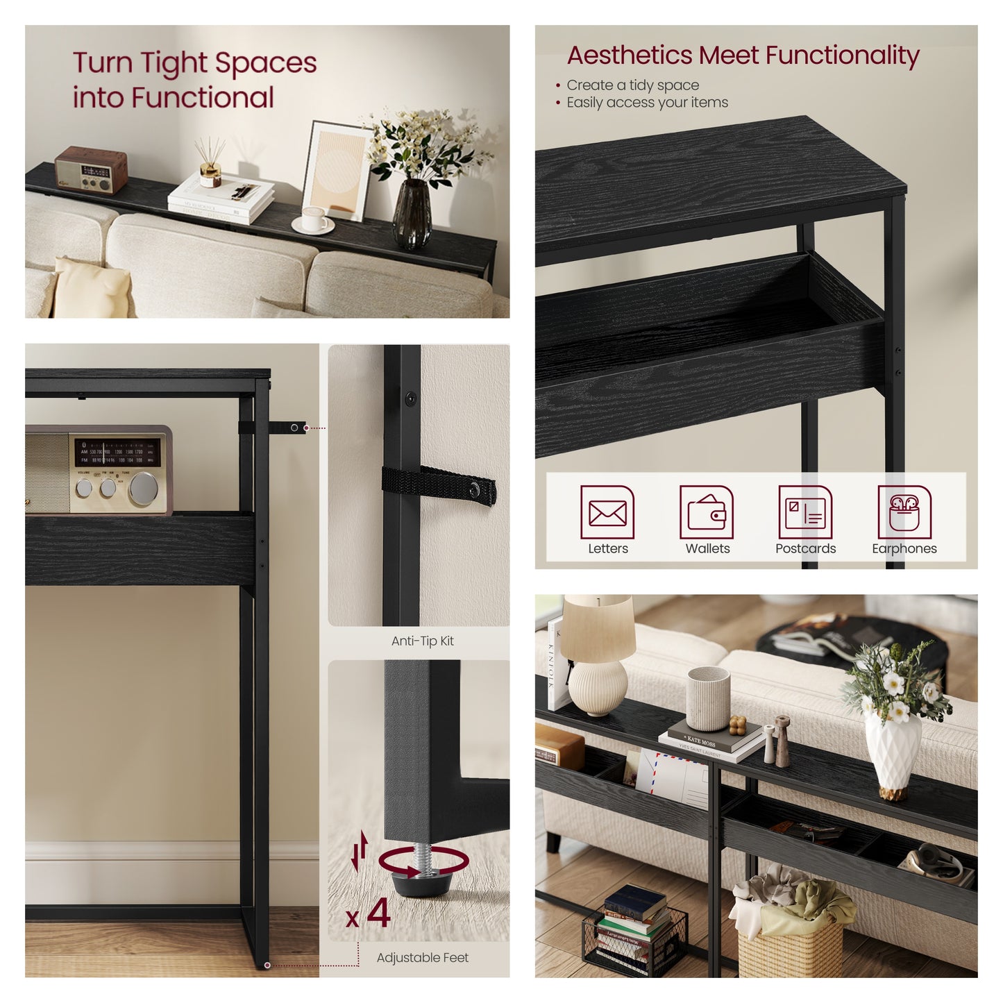 2-Tier Narrow Console Table, Semi-Open Compartment Entryway Table for Hallway and Living Room, Ebony Black and Ink Black