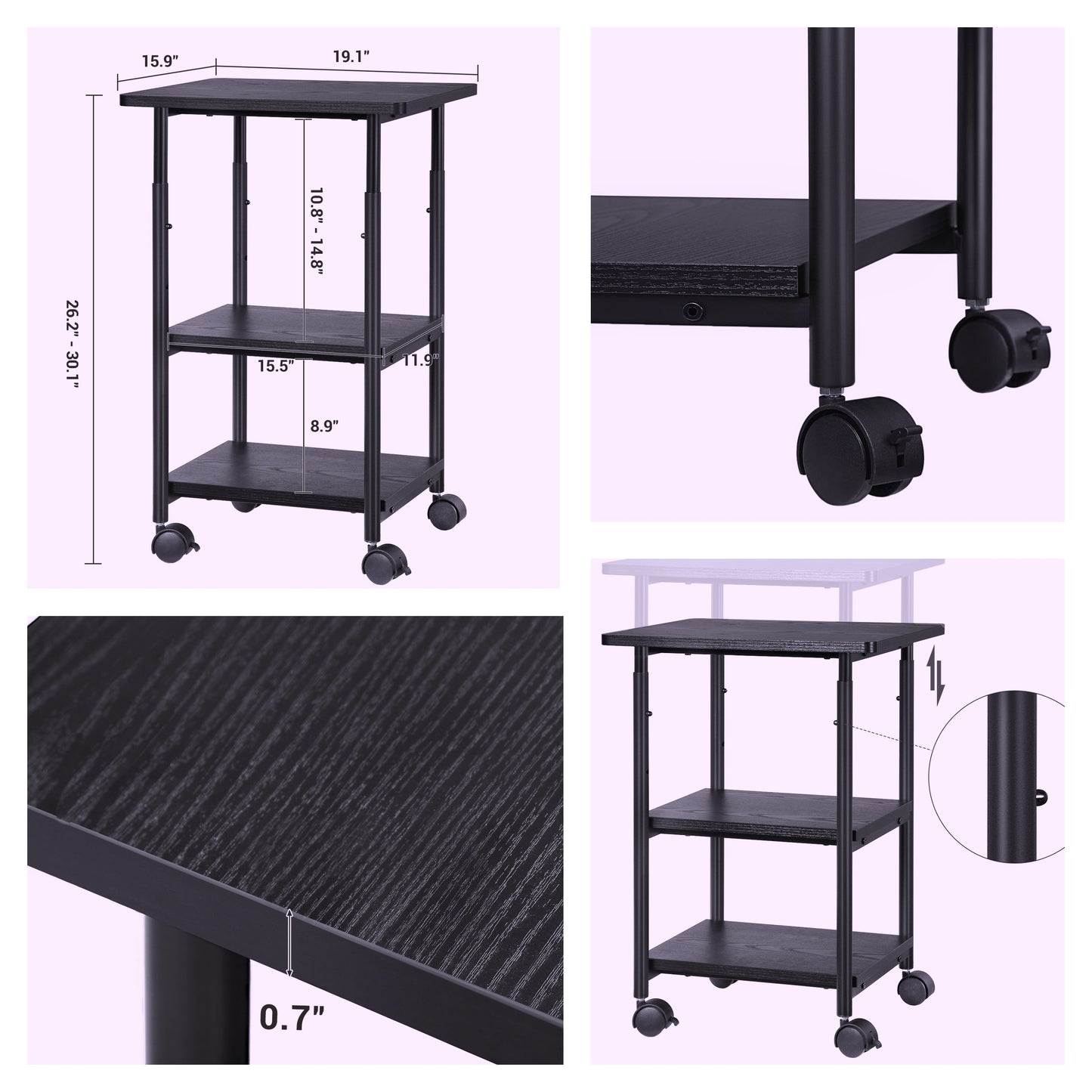 Heavy-Duty Mobile Printer Stand with Locking Wheels, 3-Tier Adjustable Height Cart with Storage Shelf for Home and Office, Ebony Black