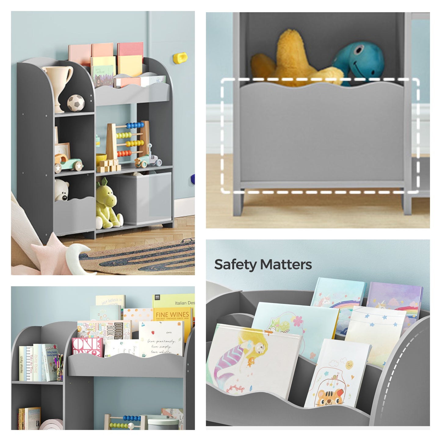 3-in-1 Kids Bookshelf & Toy Organizer with 2 Storage Bins, Multi-Functional Storage Rack for Bedroom, Playroom, Nursery, Dove Gray