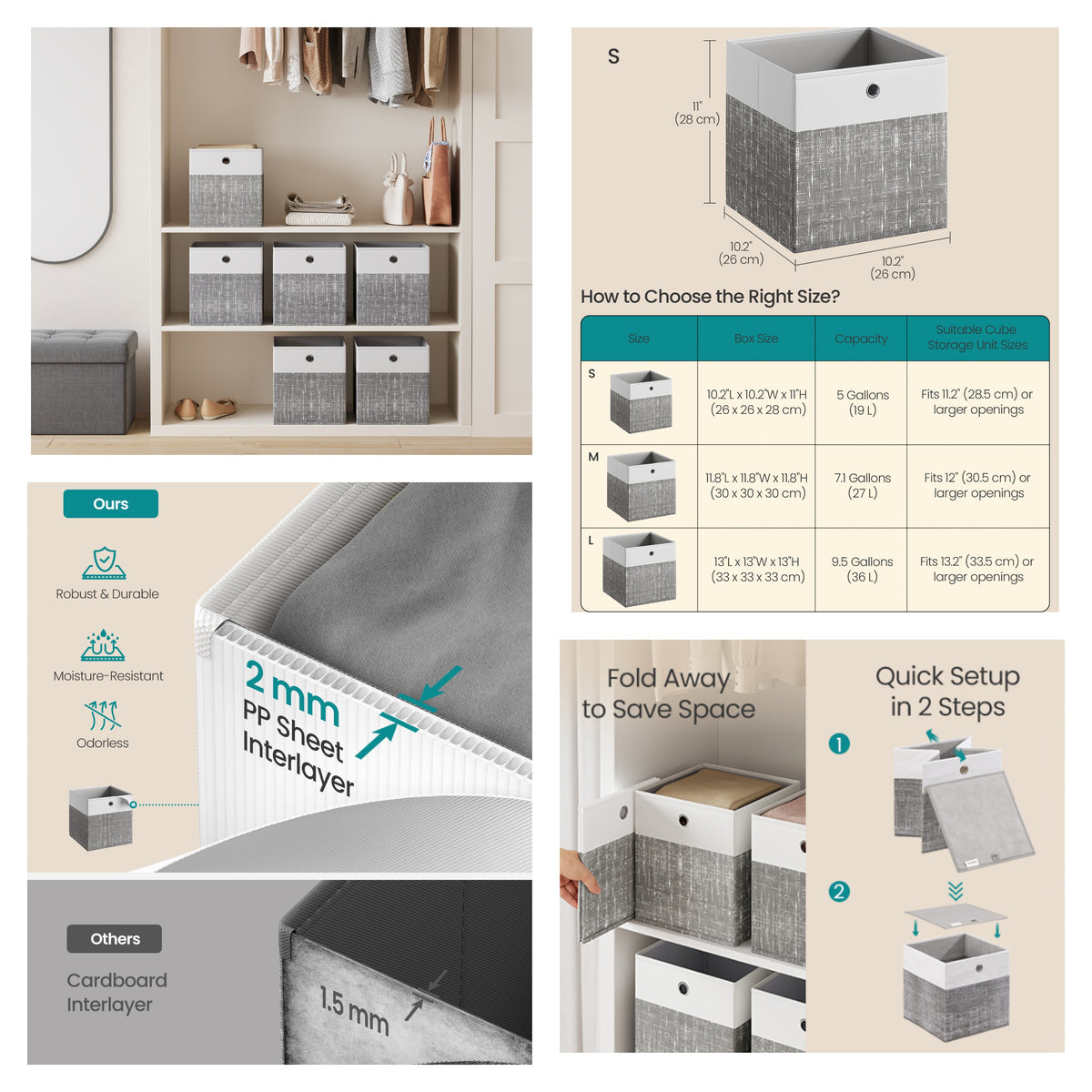 LEDREM Storage Cubes Set of 6, Foldable Fabric Closet Organizer Bins with Handles, 10.2 x 10.2 x 11 Inches, Gray