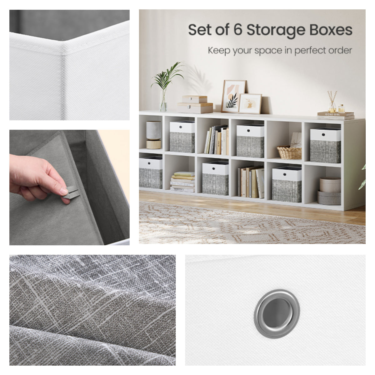 LEDREM Storage Cubes Set of 6, Foldable Fabric Closet Organizer Bins with Handles, 10.2 x 10.2 x 11 Inches, Gray