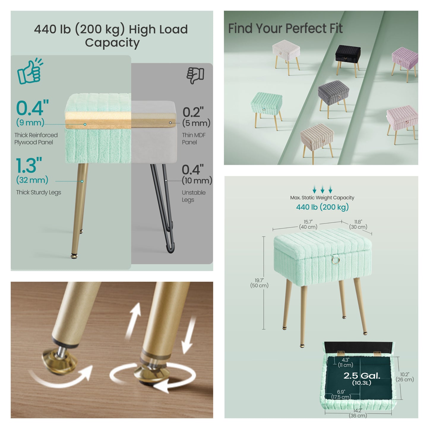 Vanity Stool with Storage and Removable Dividers, Makeup Stool and Footrest with Adjustable Feet for Bedroom and Living Room, Moonlight Green