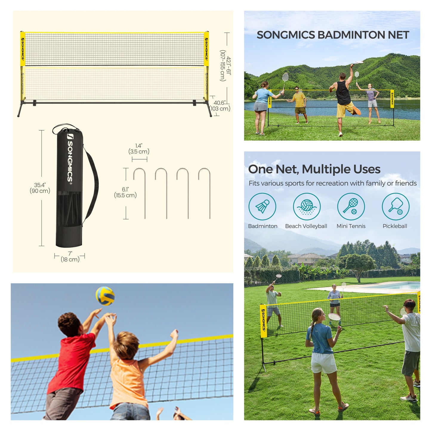 Portable Multi-Sport Net with Adjustable Height for Badminton, Volleyball, Pickleball, Junior Tennis – Includes Poles, Carry Bag, 16.5ft, Yellow