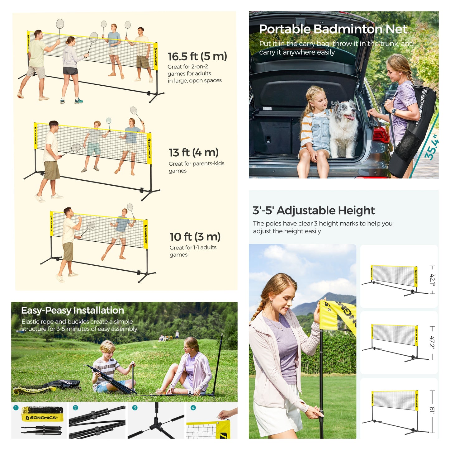 Portable Multi-Sport Net with Adjustable Height for Badminton, Volleyball, Pickleball, Junior Tennis – Includes Poles, Carry Bag, 16.5ft, Yellow