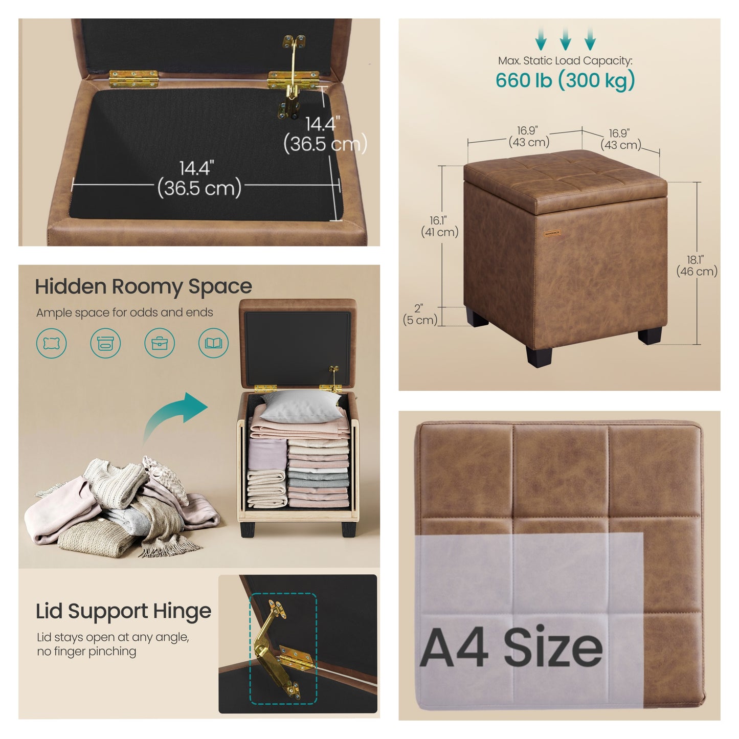 Square Storage Ottoman with Hinged Lid, 14-Gallon Footrest Stool with Solid Wood Frame, Synthetic Leather, for Living Room, Bedroom, 16.9 x 18.1 x 16.9 Inches, Coffee Brown