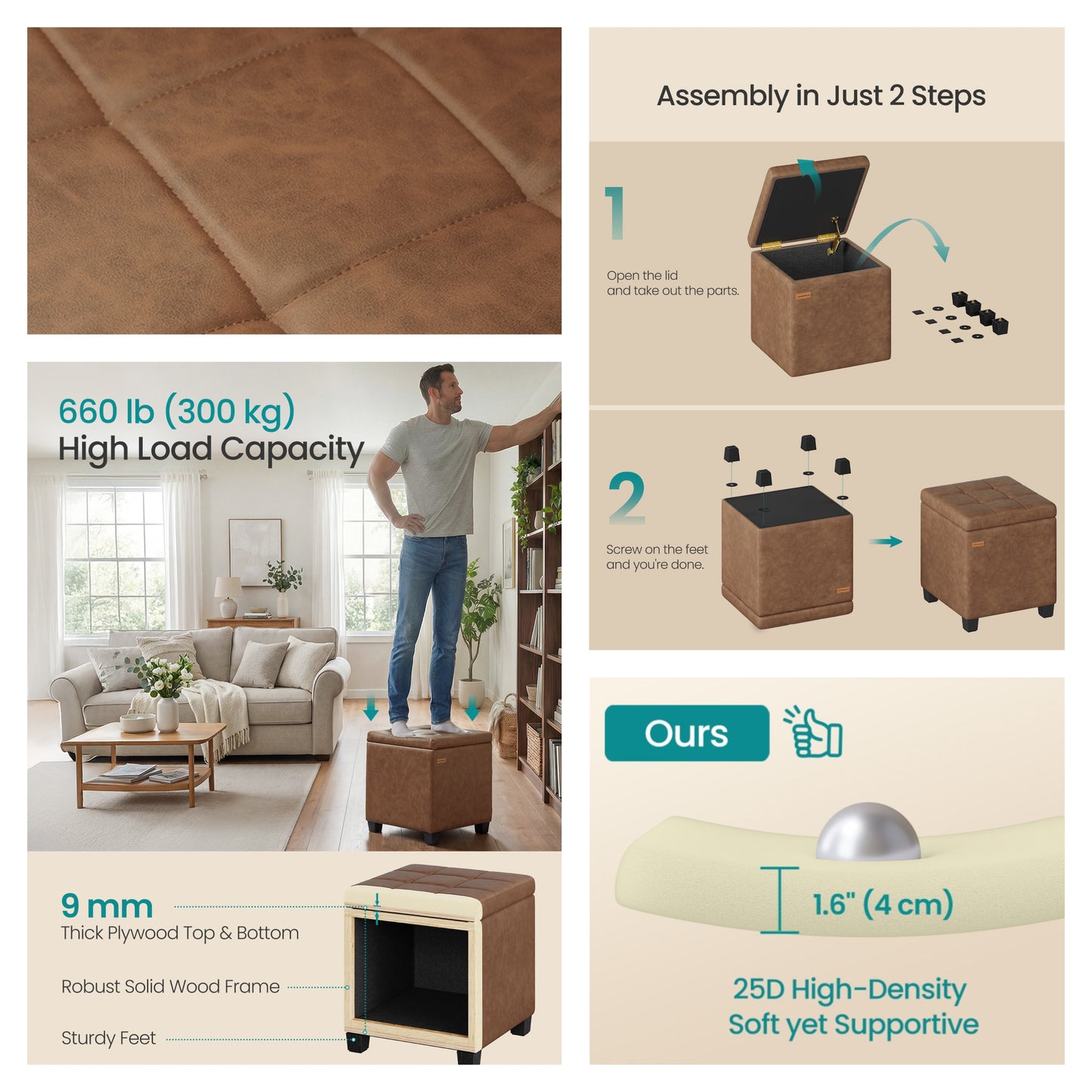 Square Storage Ottoman with Hinged Lid, 14-Gallon Footrest Stool with Solid Wood Frame, Synthetic Leather, for Living Room, Bedroom, 16.9 x 18.1 x 16.9 Inches, Coffee Brown