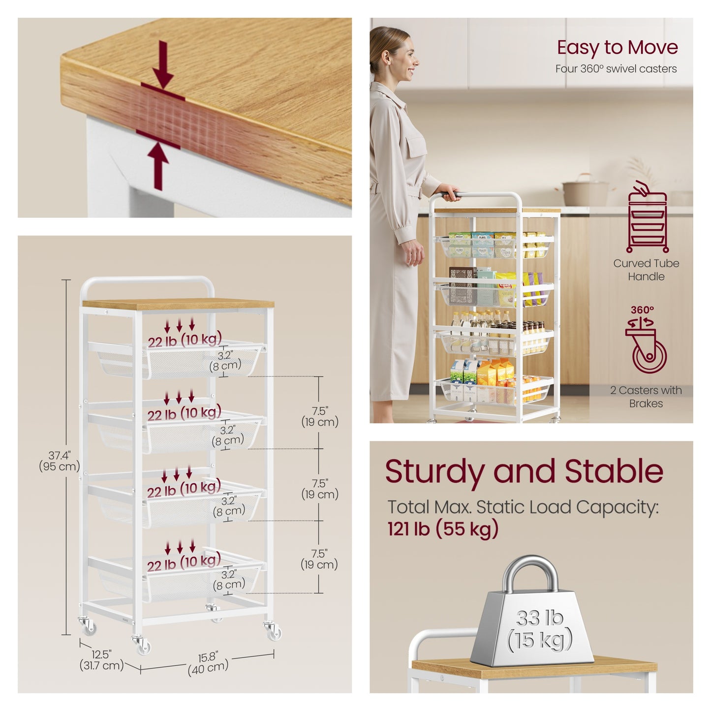 5-Tier Rolling Kitchen Cart with Pull-Out Baskets, Utility Storage Cart with Wheels & Handle, for Snacks, 37.4 x 15.8 x 12.5 Inches, Golden Oak and Matte White