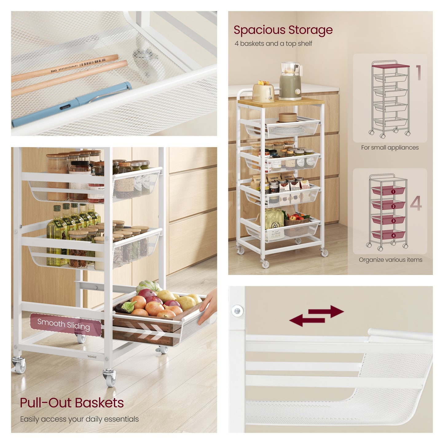 5-Tier Rolling Kitchen Cart with Pull-Out Baskets, Utility Storage Cart with Wheels & Handle, for Snacks, 37.4 x 15.8 x 12.5 Inches, Golden Oak and Matte White