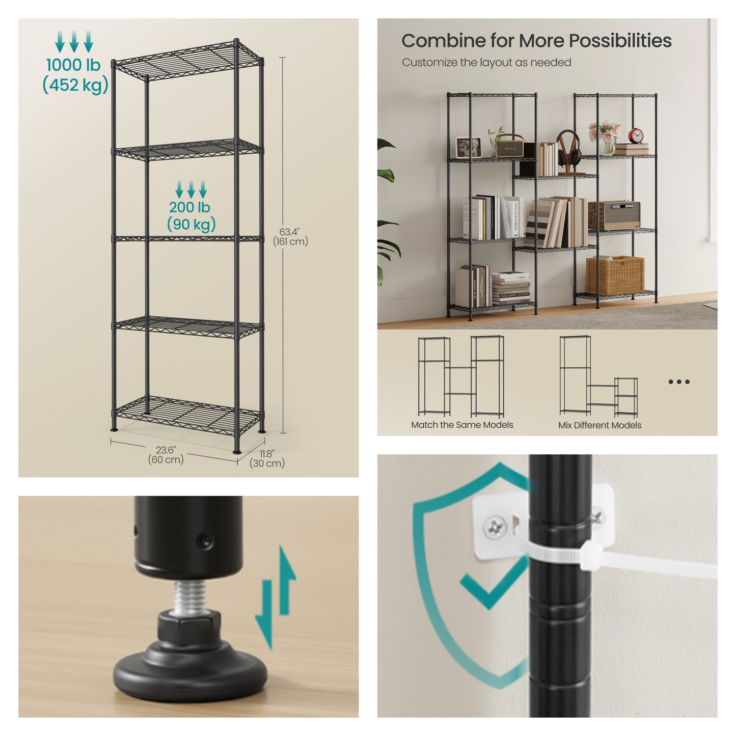 5-Tier Metal Wire Shelving Unit, Adjustable Storage Shelf with Steel Frame, for Garage, Kitchen, Pantry, 23.6 x 63.4 x 11.8 Inches, Ink Black