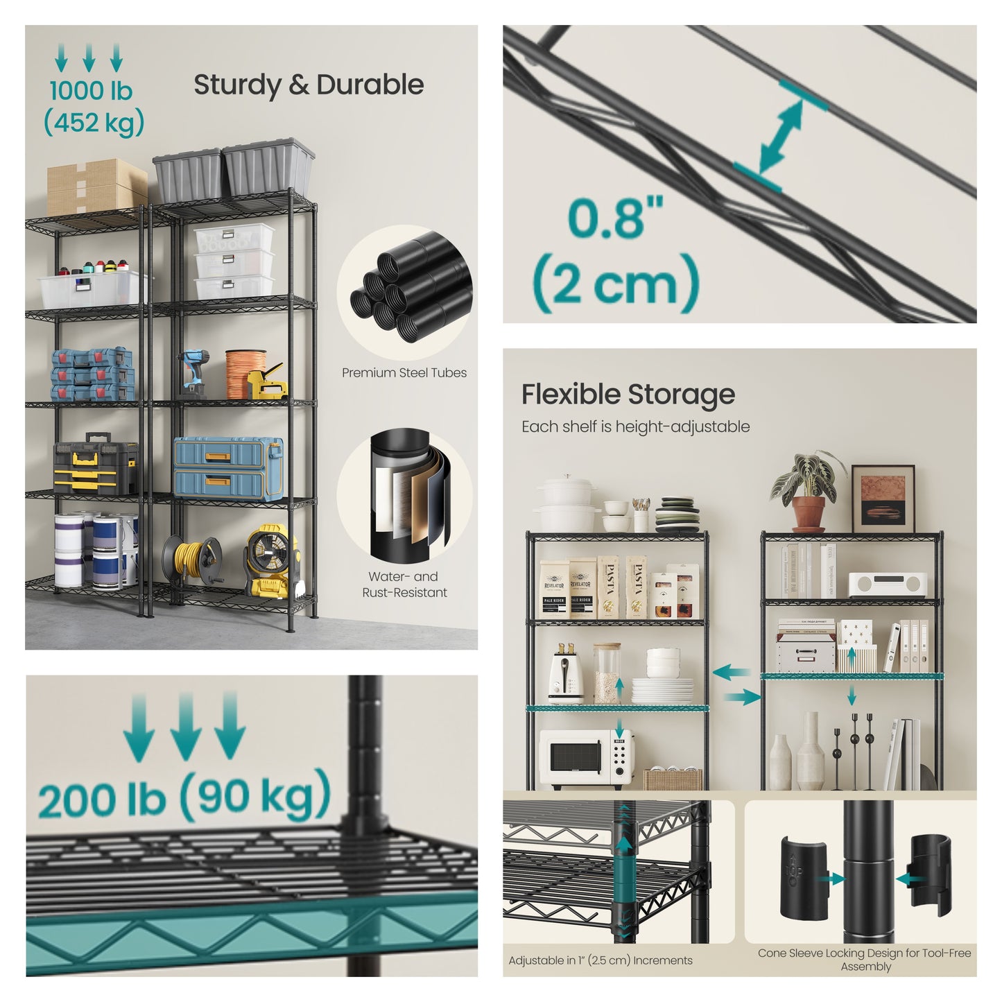 5-Tier Metal Wire Shelving Unit, Adjustable Storage Shelf with Steel Frame, for Garage, Kitchen, Pantry, 23.6 x 63.4 x 11.8 Inches, Ink Black