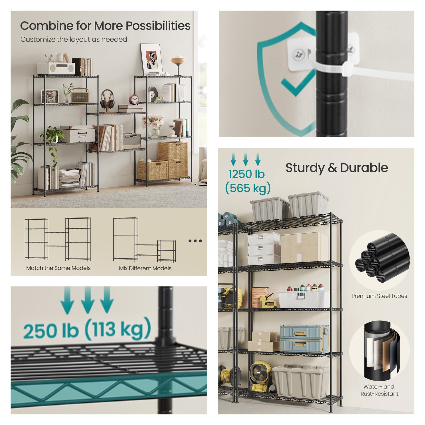 5-Tier Metal Wire Shelving Unit, Adjustable Storage Shelf with Steel Frame, for Garage, Kitchen, Pantry, 35.4 x 63 x 11.8 Inches, Ink Black