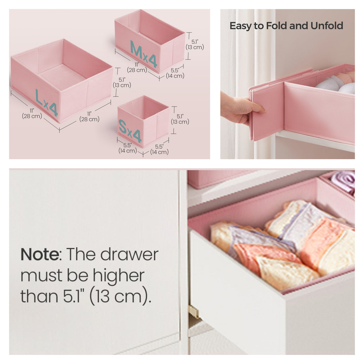 LEDREM Dresser Drawer Organizer, Set of 12, Foldable Paper, Non-Woven Fabric Storage Bins for Socks, Underwear, Bras, Ties, Scarves, Pink