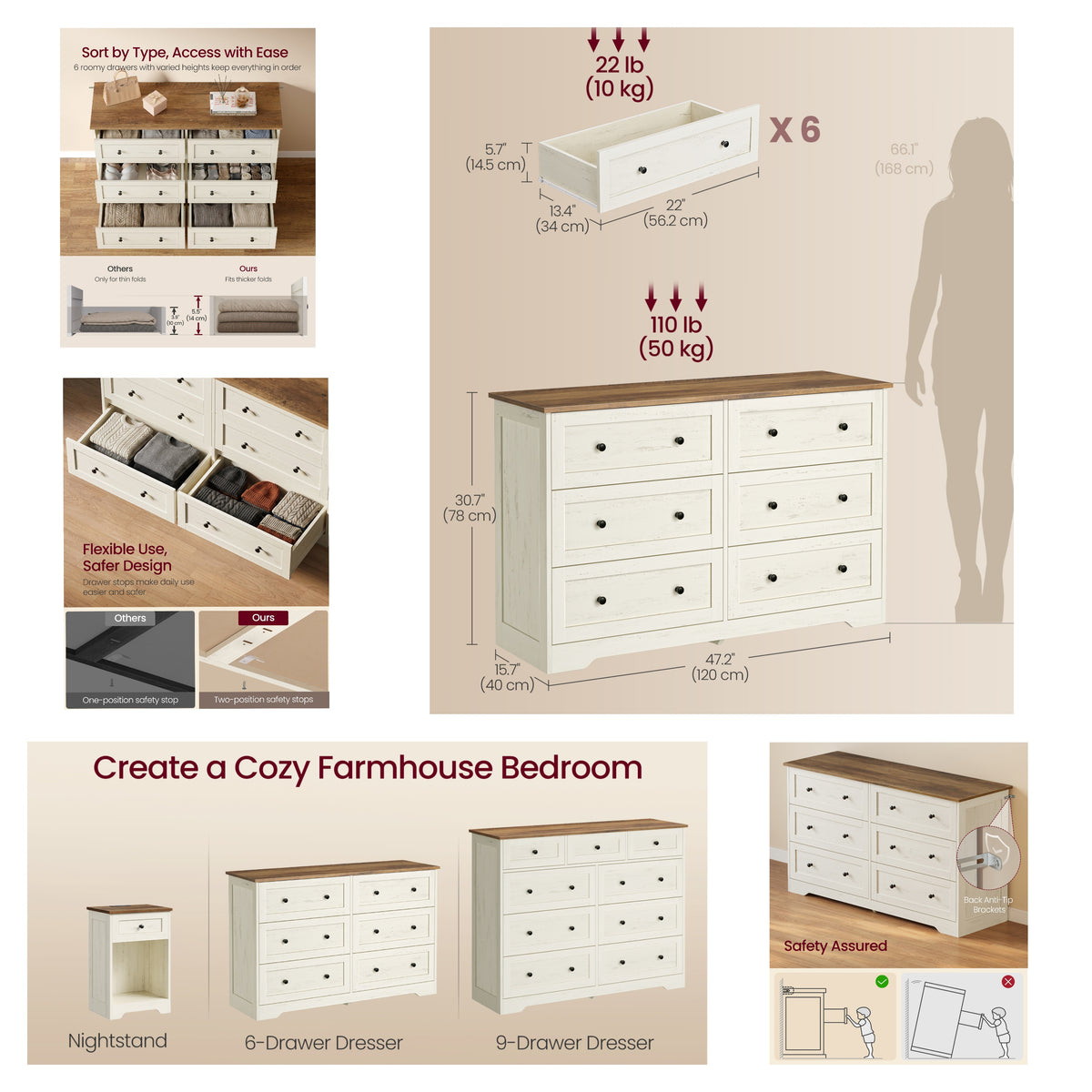 6-Drawer Dresser, Traditional basic Chest of Drawers for Bedroom, 47.2 x 15.7 x 30.7 inches, White