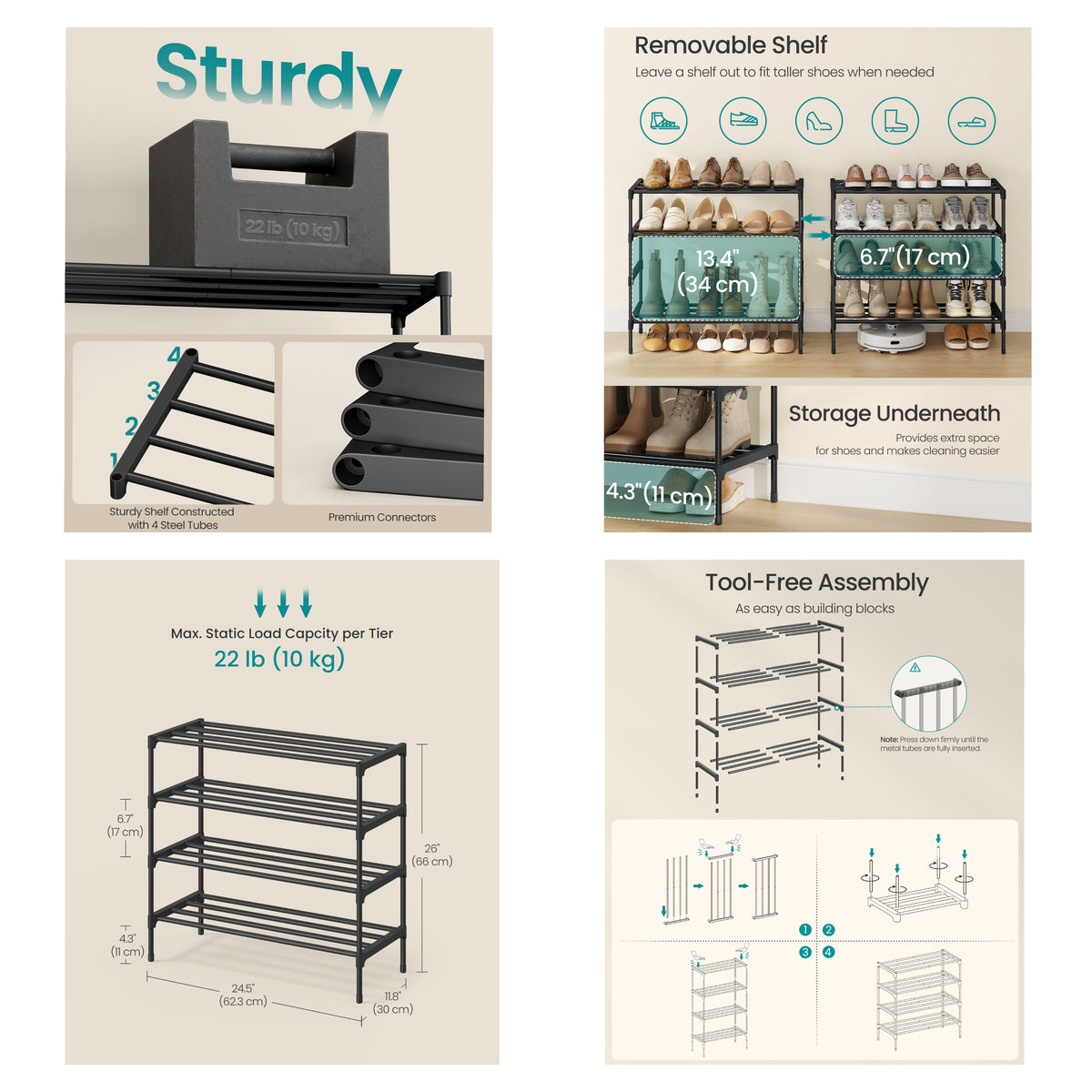 4-Tier Compact Metal Shoe Rack, Stackable Organizer for Entryway Closet, 24.5" Wide, Holds Sneakers & Heels, Black