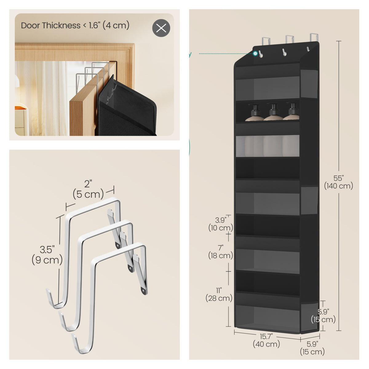 LEDREM Over the Door Organizer, 5-Tier Hanging Closet Shelf with Clear Pockets, 55.1 x 15.7 x 5.9 Inches, Black