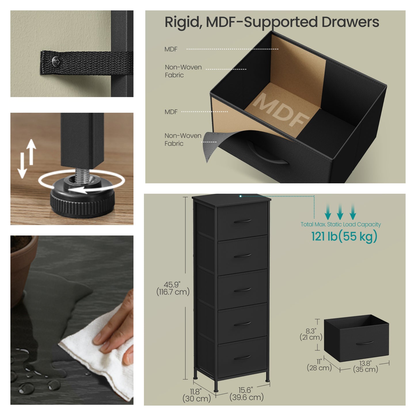 5-Drawer Fabric Dresser with Steel Frame, 66lb Top Load Storage Organizer for Bedroom Closet, Black