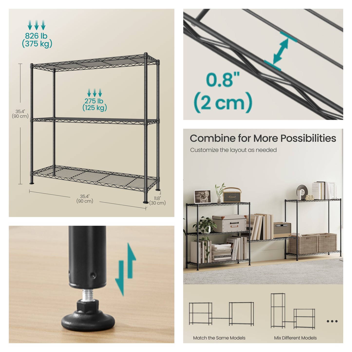 3-Tier Metal Wire Shelving Unit, Adjustable Storage Shelf with Steel Frame, for Garage, Kitchen, Pantry, 35.4 x 35.4 x 11.8 Inches, Ink Black